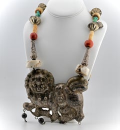Exquisite Antique Chinese Foo Lion Silver Tribal Necklace