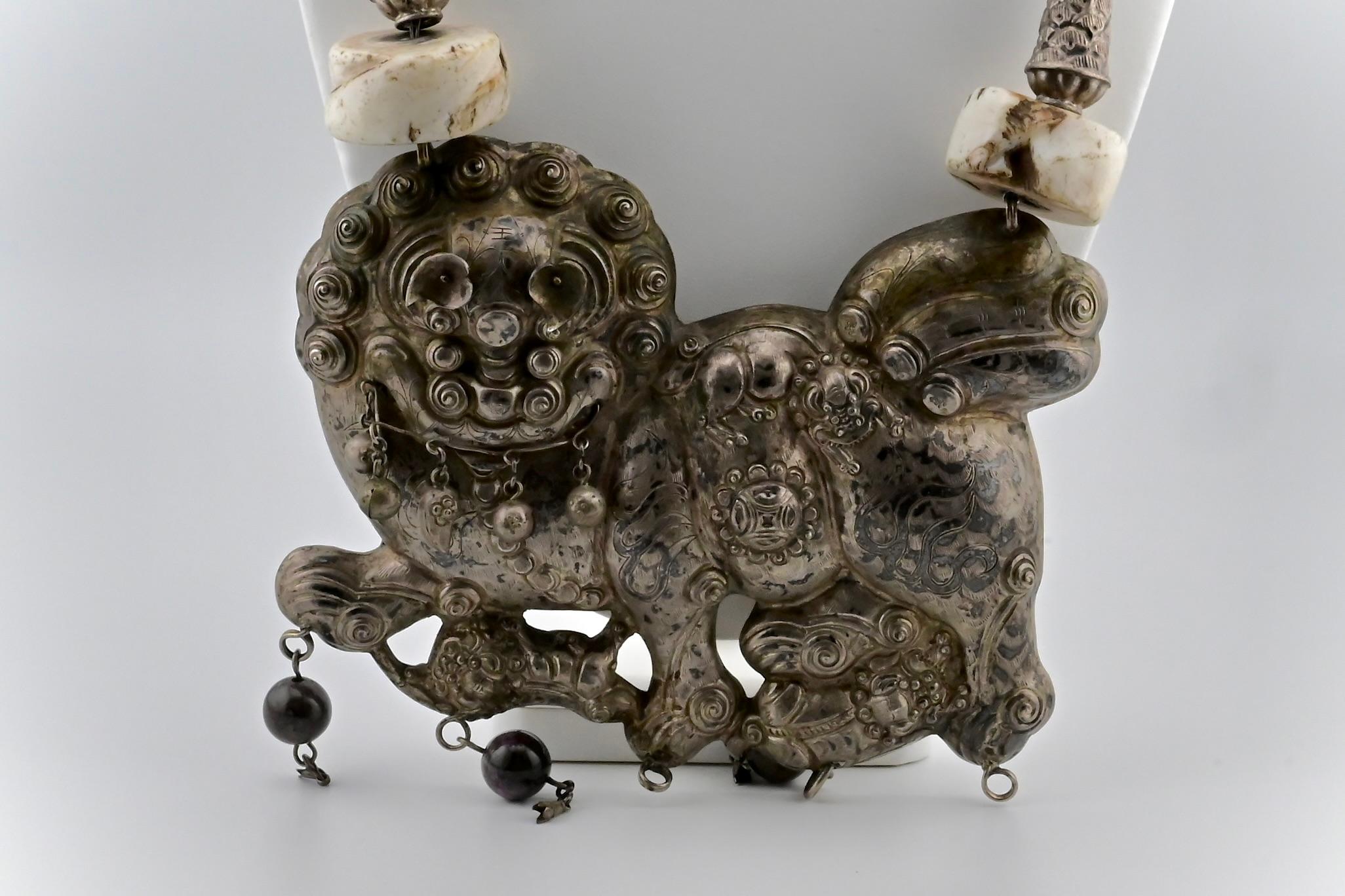 Exquisite antike chinesische Foo Löwe Silber Stammes-Halskette 2