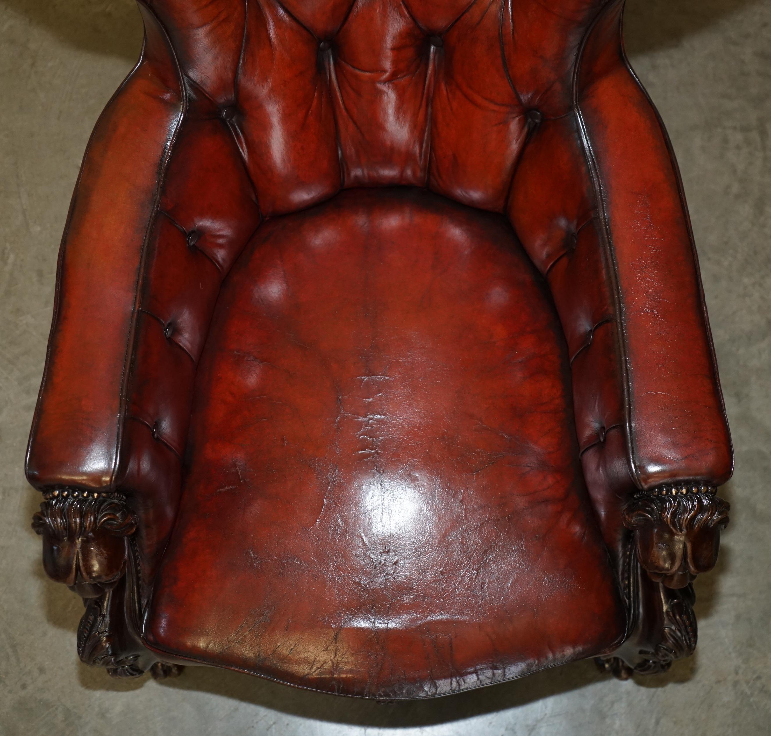 EXQUISITE ANTIQUE CIR 1840 HAND CARVED LIONS HEAD CHESTERFIELD LiBRARY ARMCHAIR For Sale 5