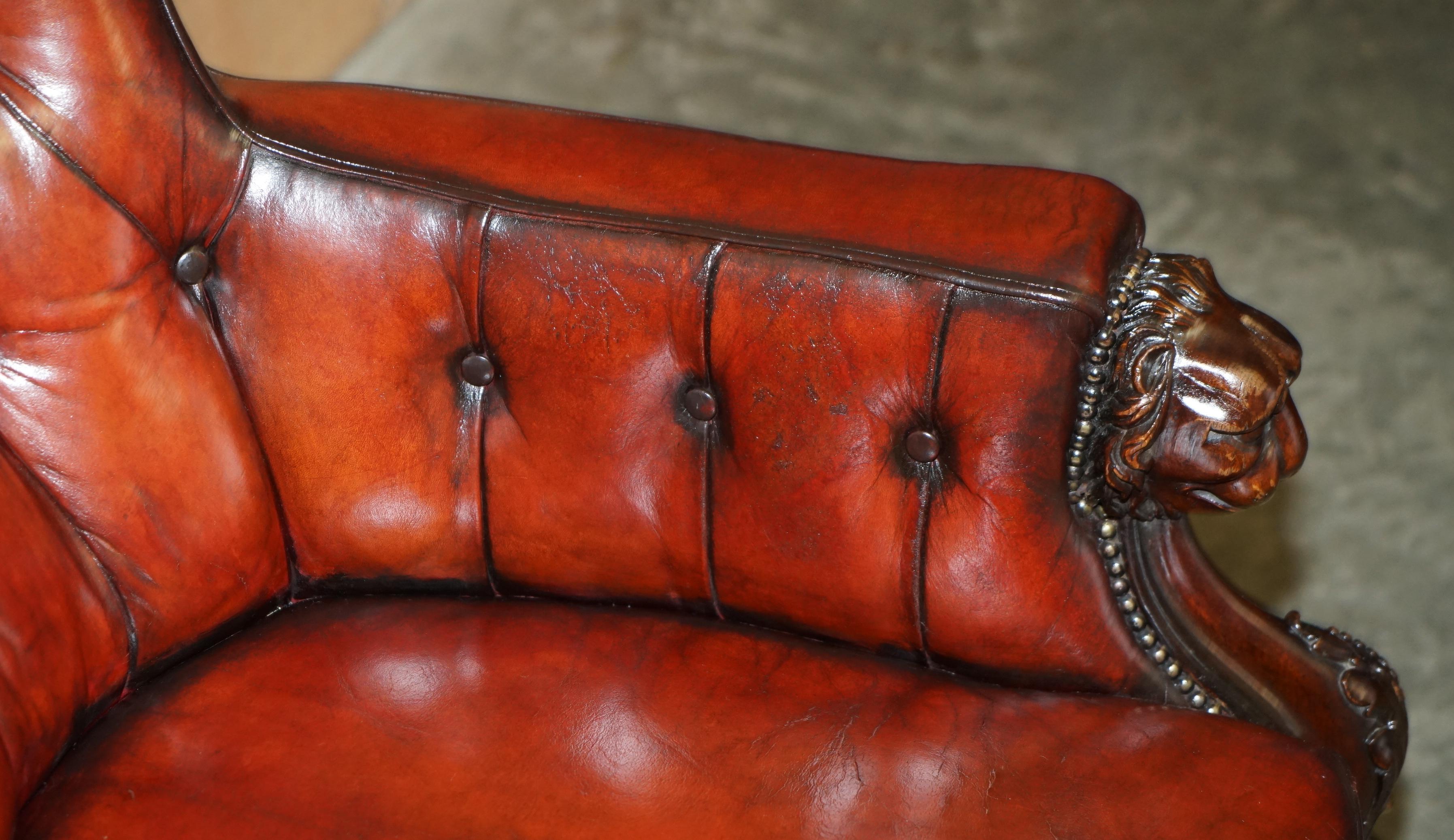 EXQUISITE ANTIQUE CIR 1840 HAND CARVED LIONS HEAD CHESTERFIELD LiBRARY ARMCHAIR For Sale 6