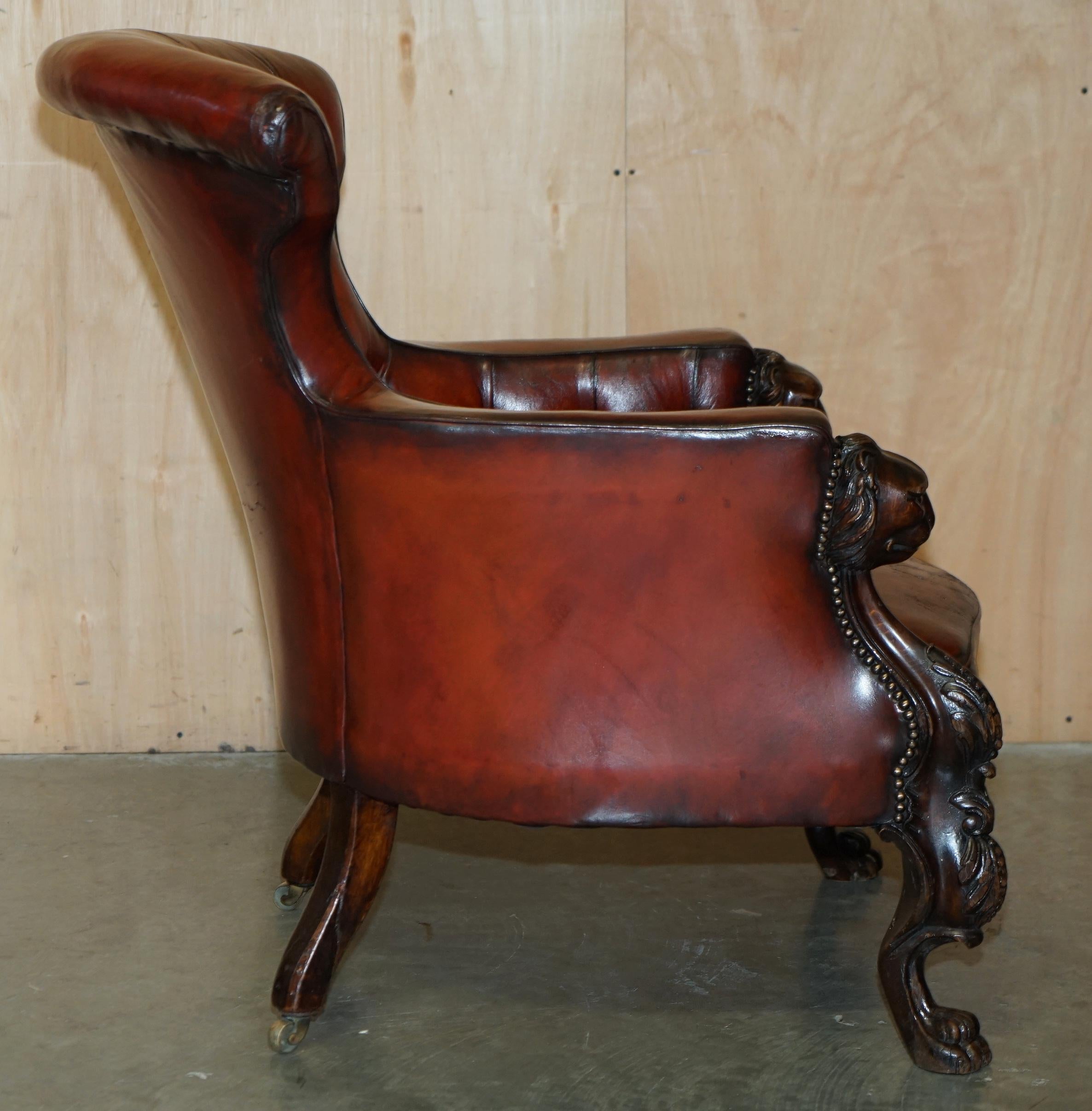 EXQUISITE ANTIQUE CIR 1840 HAND CARVED LIONS HEAD CHESTERFIELD LiBRARY ARMCHAIR For Sale 7