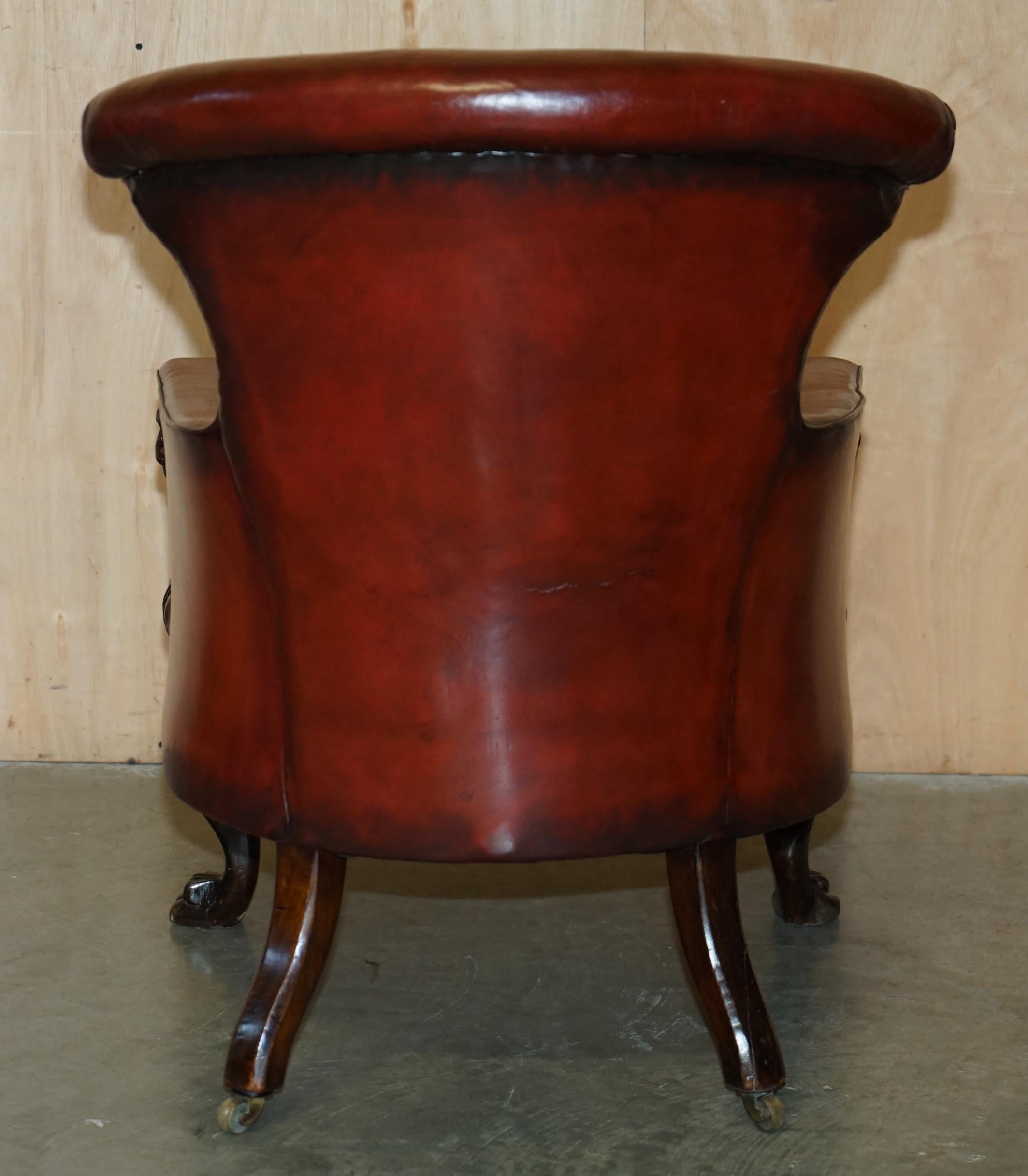 EXQUISITE ANTIQUE CIR 1840 HAND CARVED LIONS HEAD CHESTERFIELD LiBRARY ARMCHAIR For Sale 9