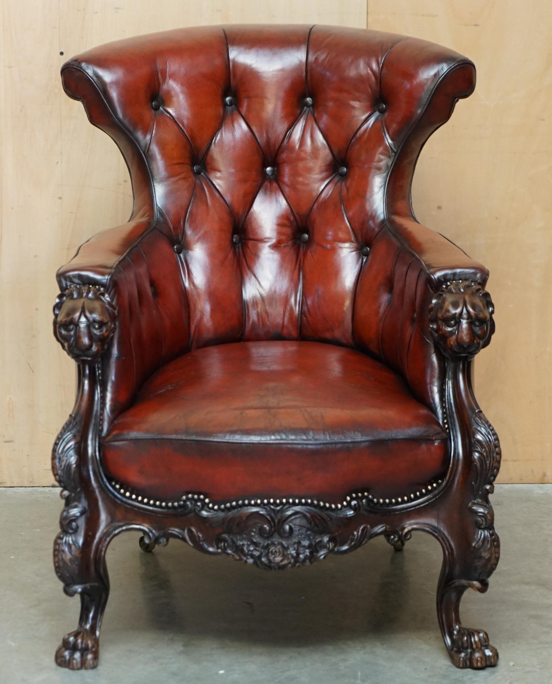 Royal House Antiques

Royal House Antiques is delighted to offer for sale this lovely, collectable circa 1840-1860 English Victorian hand carved Mahogany framed Library reading armchair with Lion's head detailing and restored Bordeaux leather