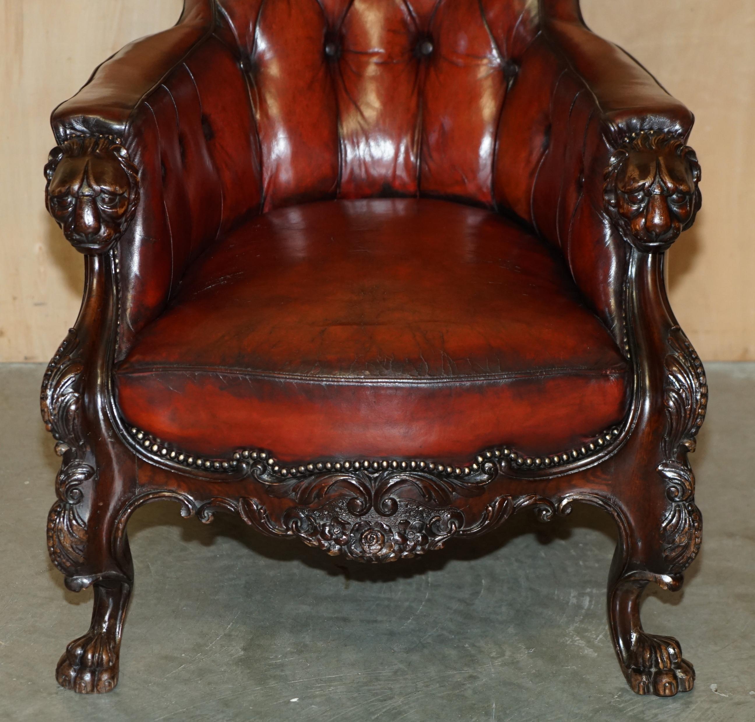 English EXQUISITE ANTIQUE CIR 1840 HAND CARVED LIONS HEAD CHESTERFIELD LiBRARY ARMCHAIR For Sale