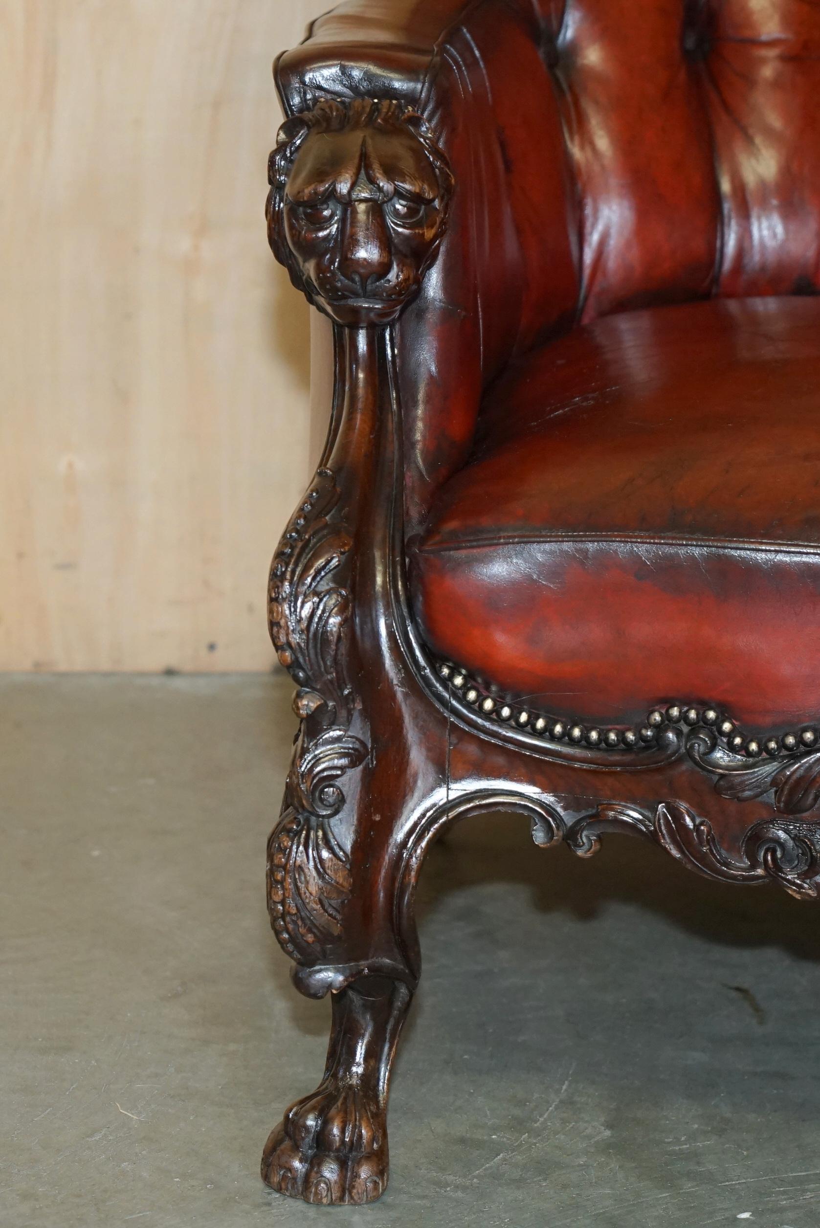 Hand-Crafted EXQUISITE ANTIQUE CIR 1840 HAND CARVED LIONS HEAD CHESTERFIELD LiBRARY ARMCHAIR For Sale