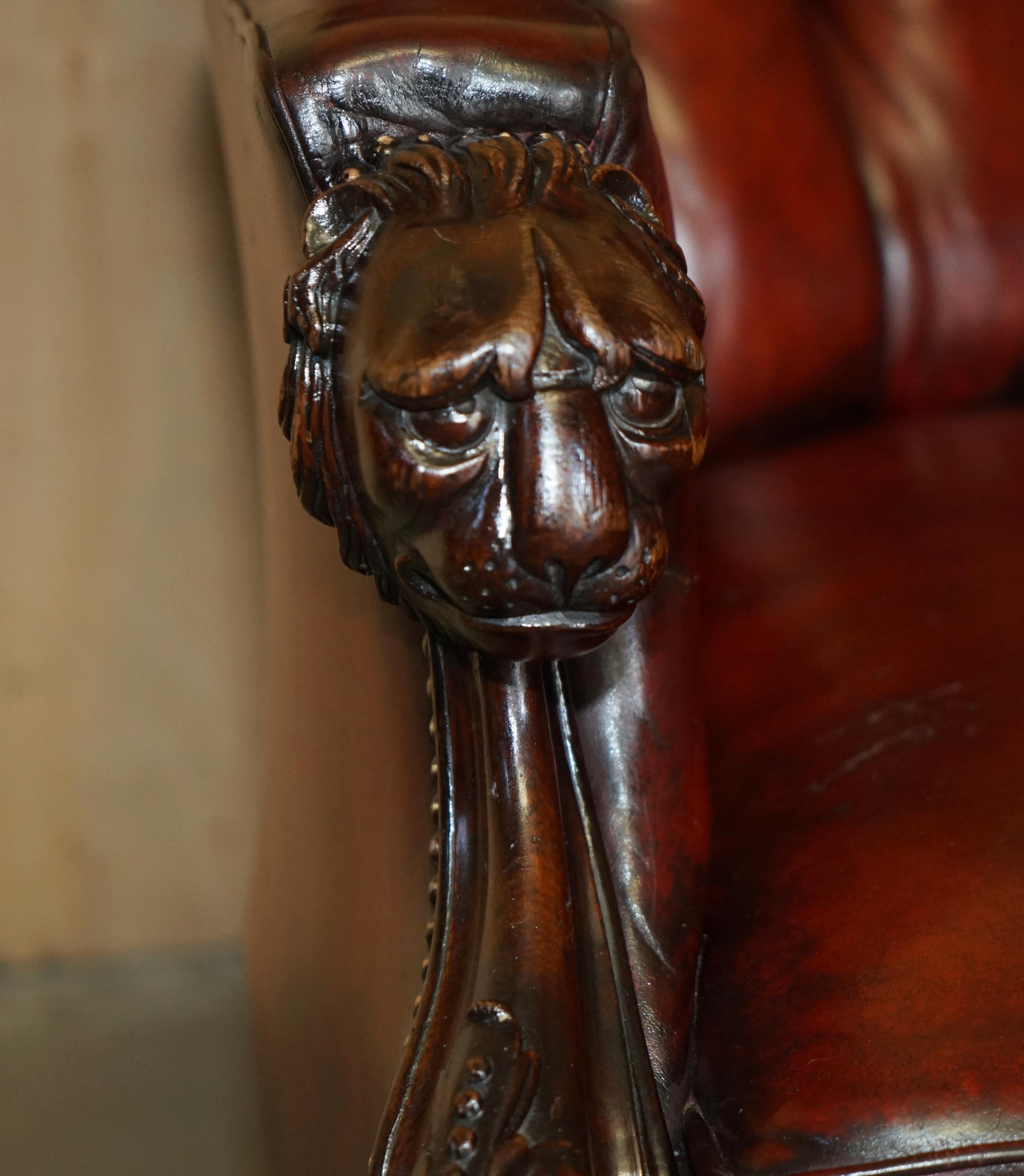 Mid-19th Century EXQUISITE ANTIQUE CIR 1840 HAND CARVED LIONS HEAD CHESTERFIELD LiBRARY ARMCHAIR For Sale