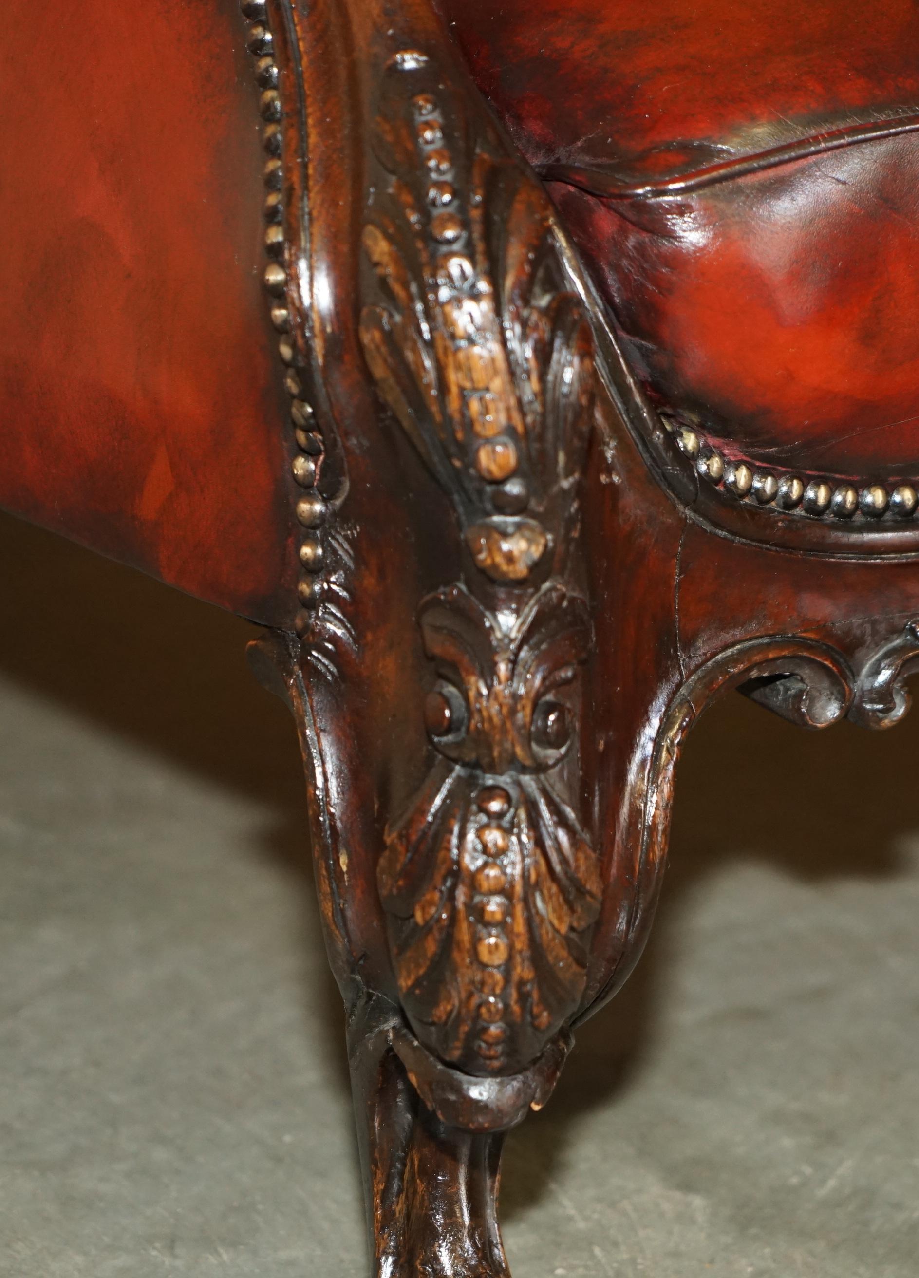 Leather EXQUISITE ANTIQUE CIR 1840 HAND CARVED LIONS HEAD CHESTERFIELD LiBRARY ARMCHAIR For Sale