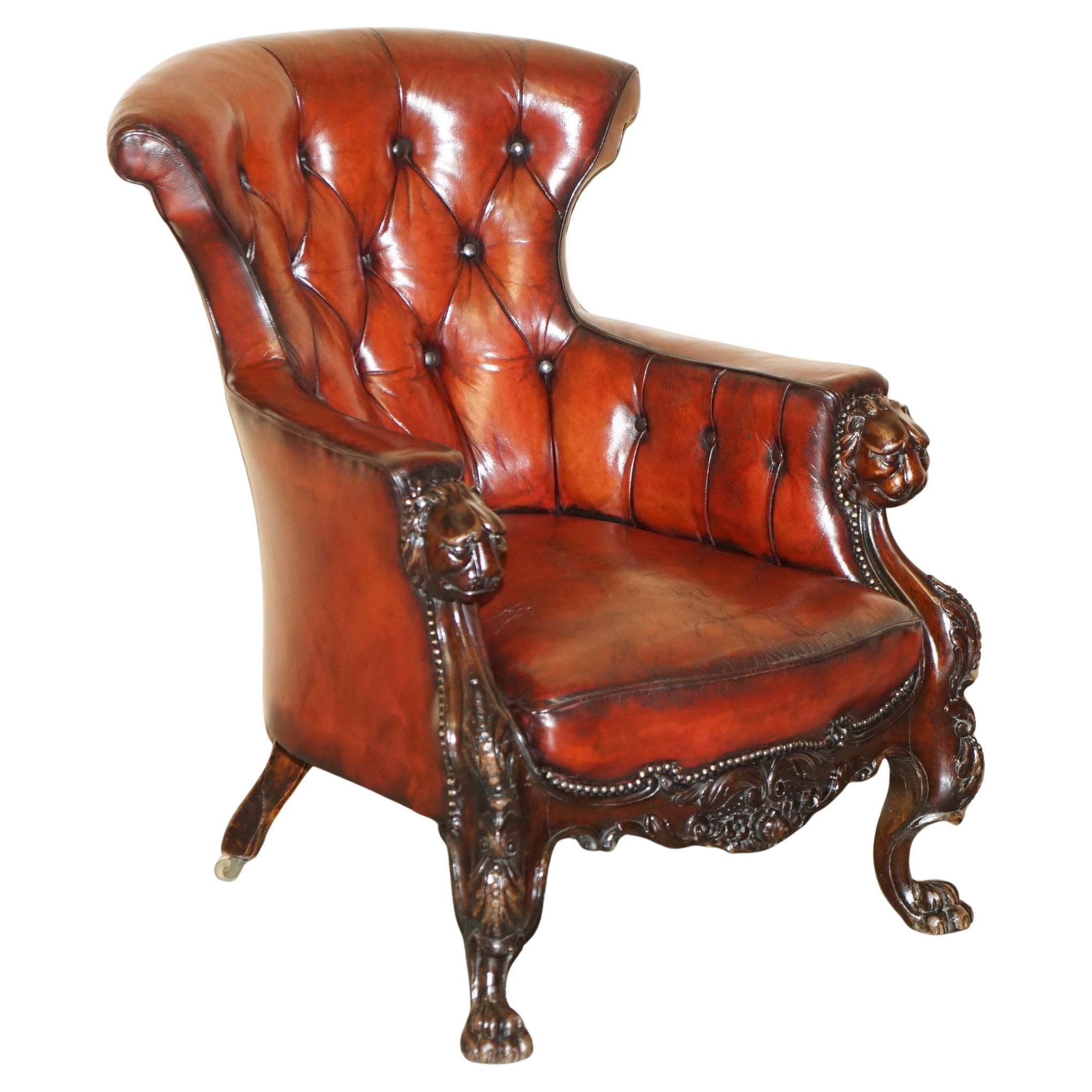 EXQUISITE ANTIQUE CIR 1840 HAND CARVED LIONS HEAD CHESTERFIELD LiBRARY ARMCHAIR