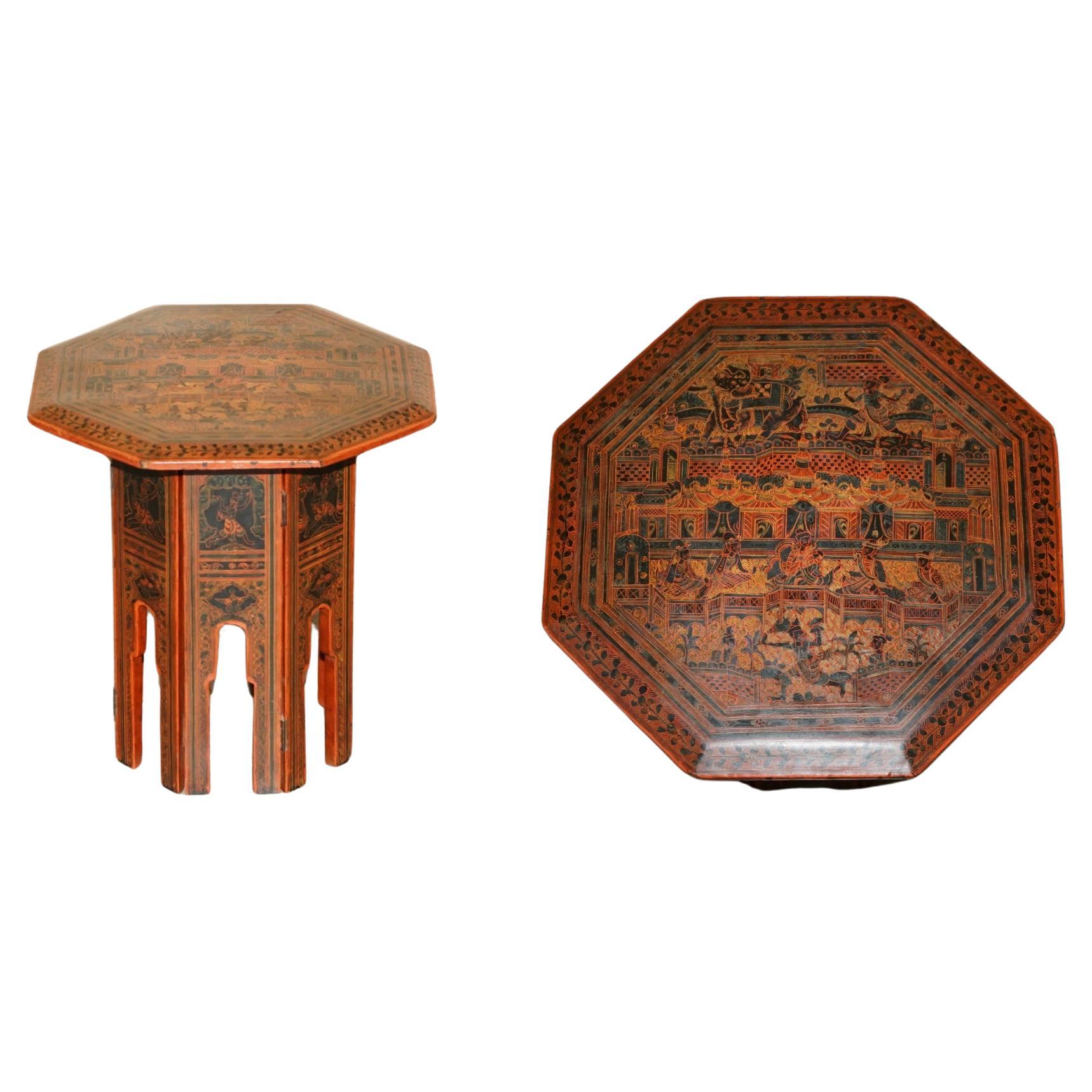 EXQUISITE ANTIQUE CiRCA 1900-1920 BURMESE HAND LACQUERED & PAINTED SIDE TABLE For Sale