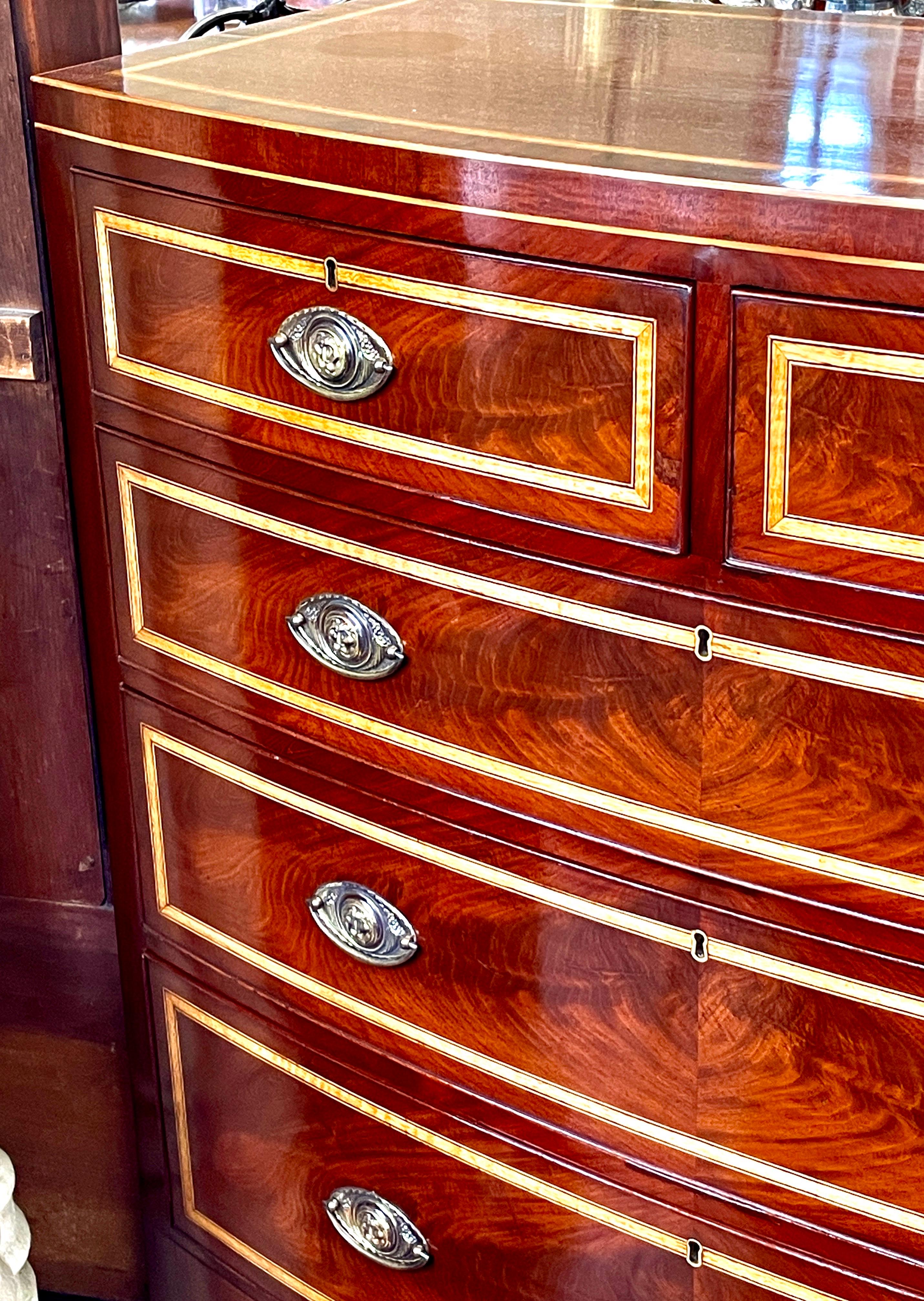 Hepplewhite Exquisite Antique English Inlaid Flame Mahog. Hepp. Style Bowfront Chest of Dwrs For Sale