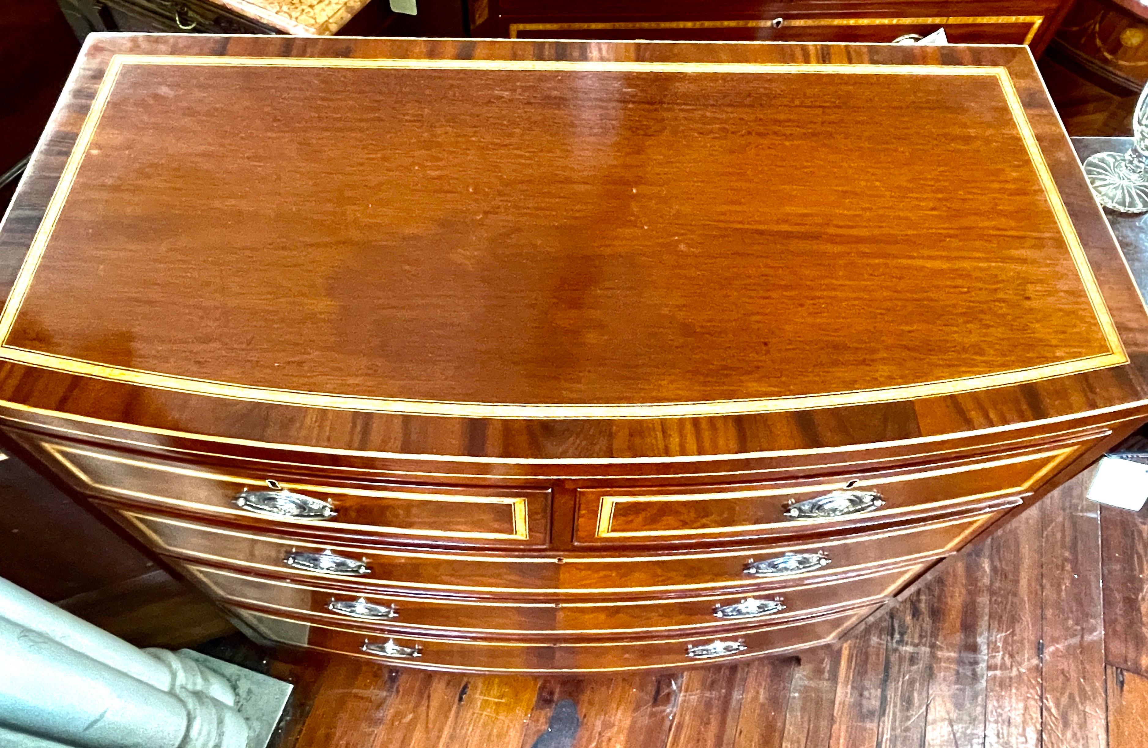 Exquisite Antique English Inlaid Flame Mahog. Hepp. Style Bowfront Chest of Dwrs In Good Condition For Sale In Charleston, SC
