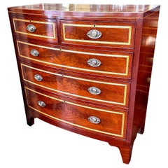 Exquisite Antique English Inlaid Flame Mahog. Hepp. Style Bowfront Chest of Dwrs