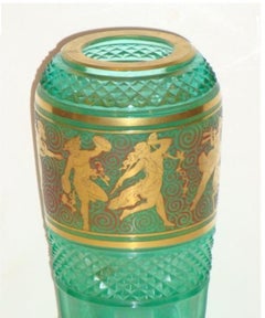 Exquisite Antique European Emerald Diamond Cut Facet Glass Vase with Maidens