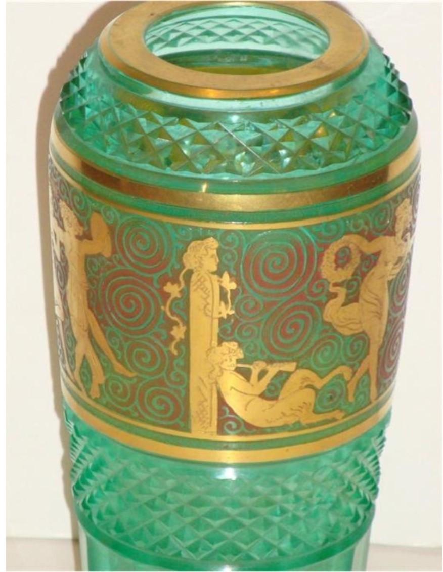 Mixed Cut Exquisite Antique European Emerald Diamond Cut Facet Glass Vase with Maidens  For Sale