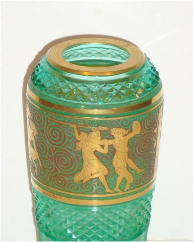 Exquisite Antique European Emerald Diamond Cut Facet Glass Vase with Maidens  In Excellent Condition For Sale In New York, NY