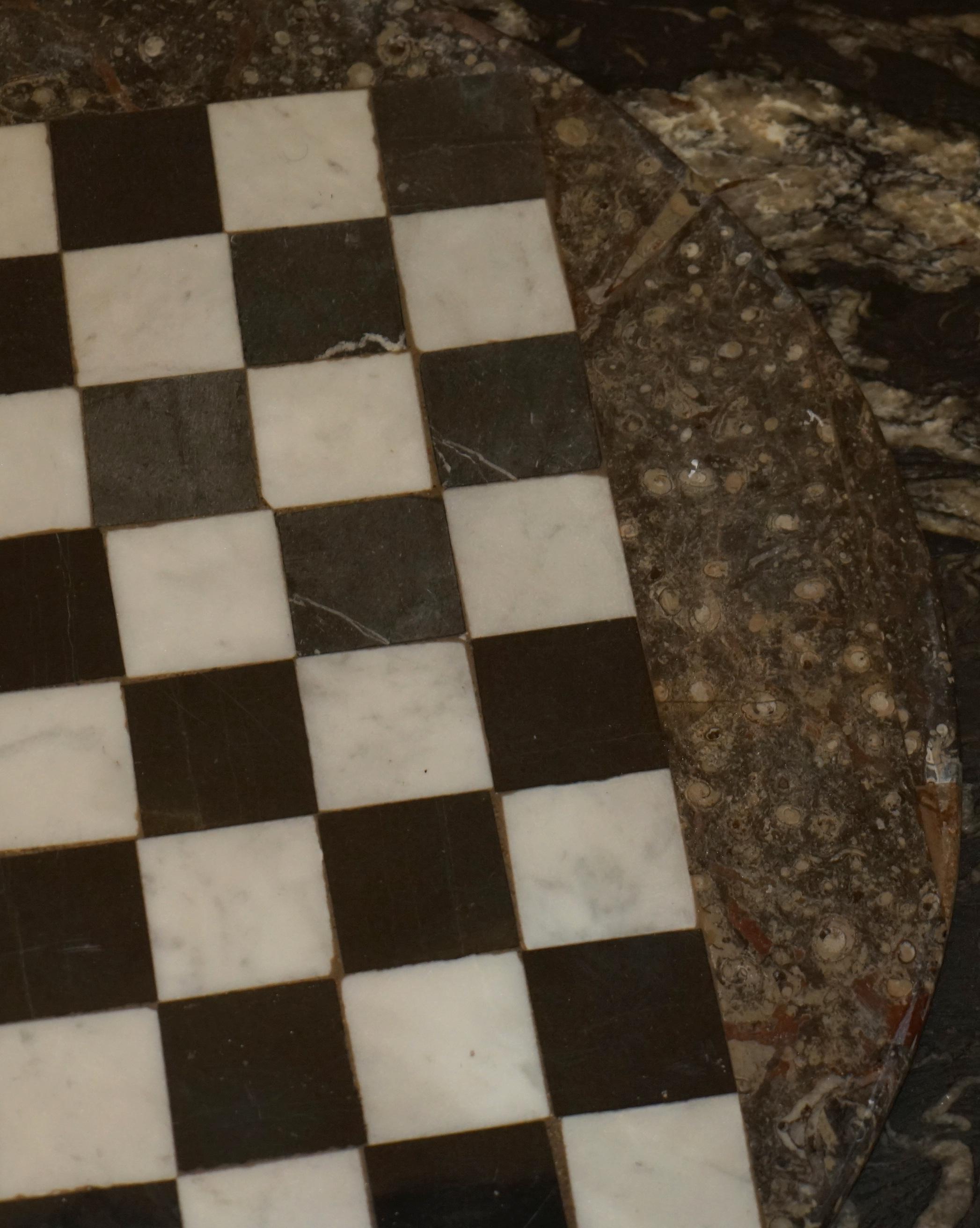 Hand-Crafted EXQUISITE ANTiQUE EXTRA LARGE FOSSIL TOP CHESSBOARD TABLE TOP IN MARBLE For Sale