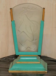 EXQUISITE ANTIQUE FRENCH ART DECO GREEN PAINTED FROSTED GLASS DEER TABLE LAMp
