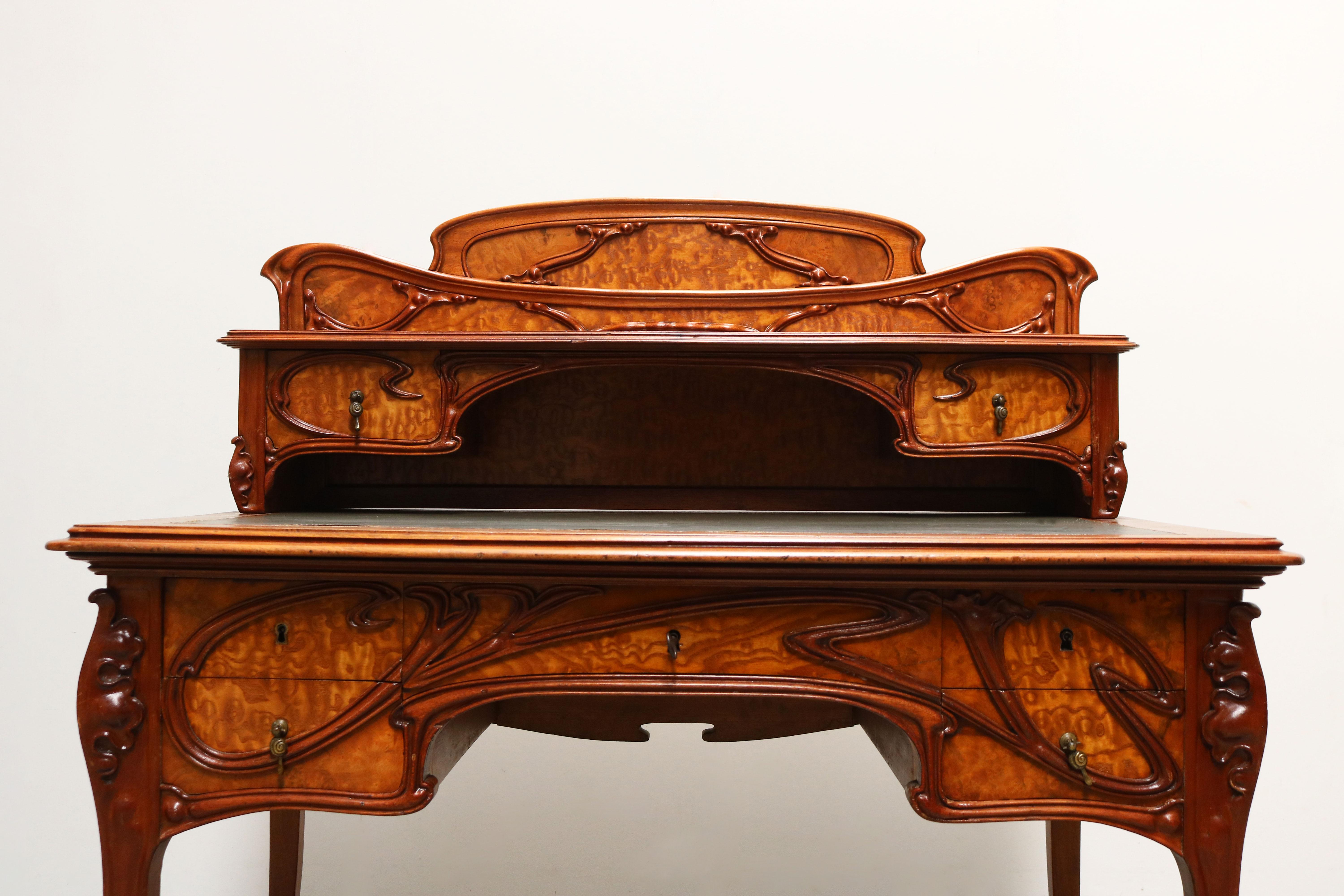 Hand-Carved Exquisite Antique French Art Nouveau Writing Desk 1895 Japanese Ash Jugendstil