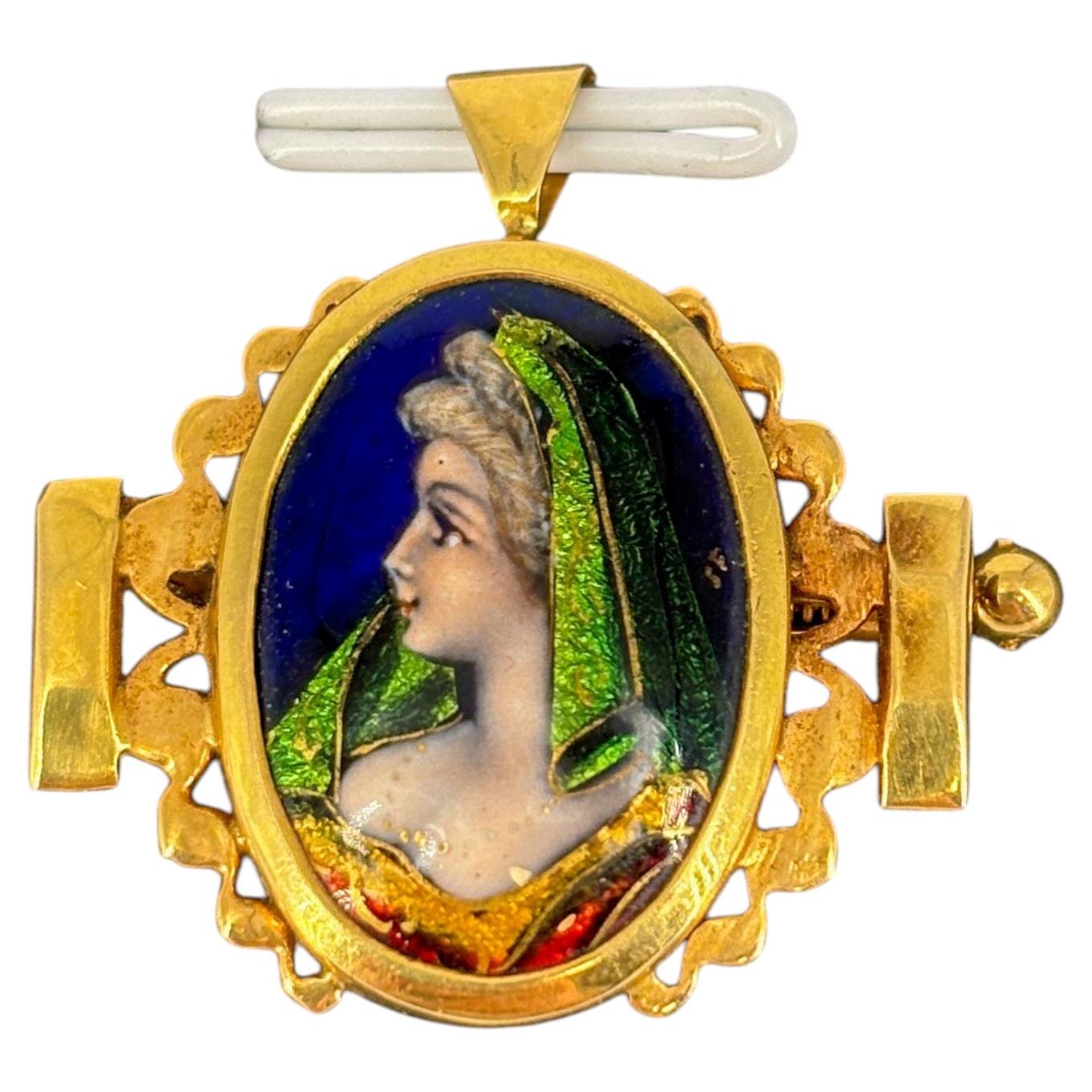 Exquisito Colgante Antique French Email d'Art Limoges Broche Retrato Esmaltado 18k