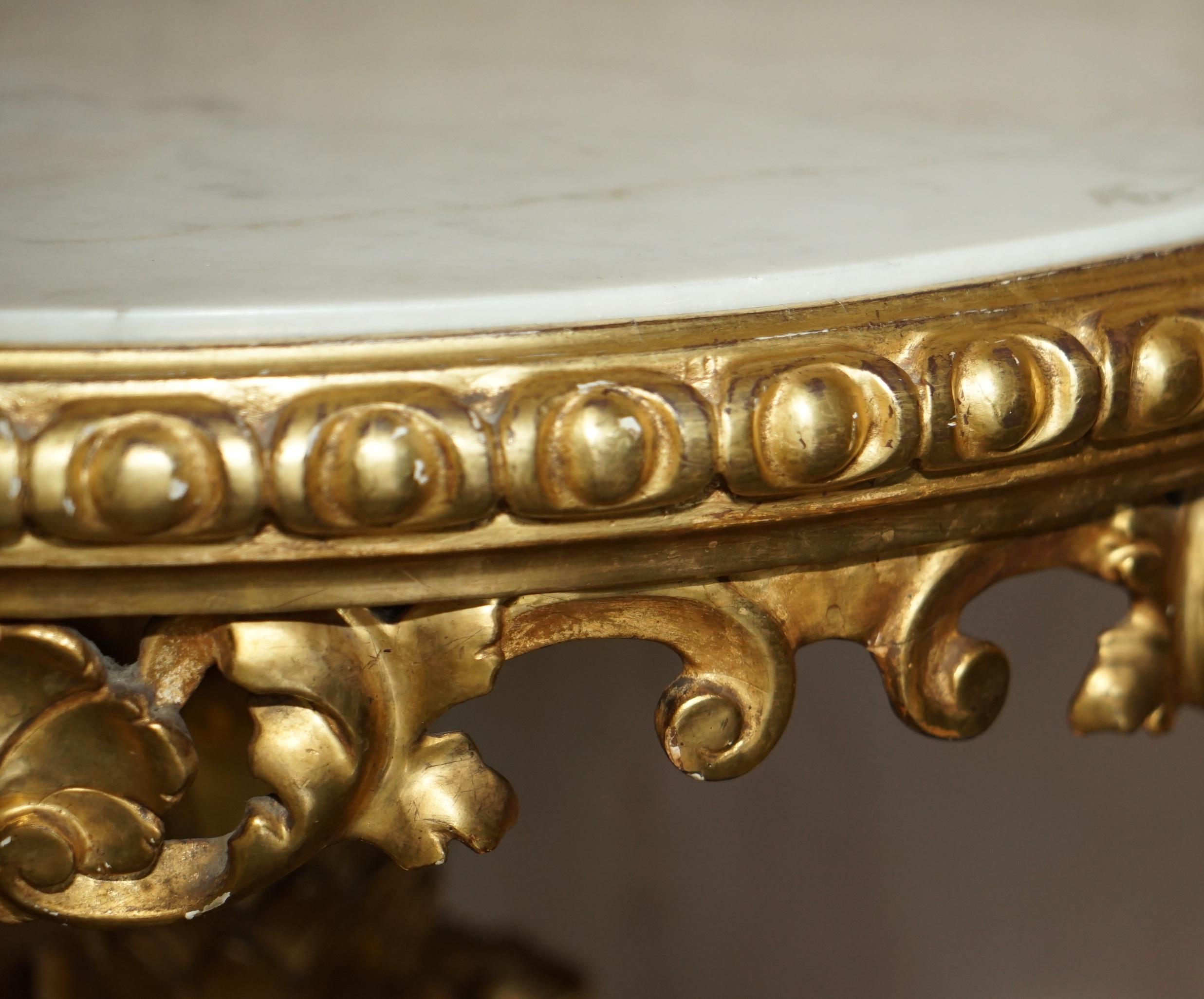 Exquisite Antique French Gold Giltwood Italian Marble Herm Carved Centre Table For Sale 9