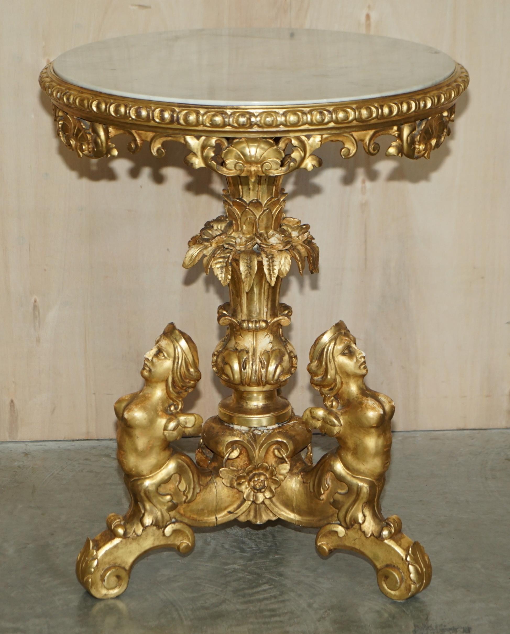 Exquisite Antique French Gold Giltwood Italian Marble Herm Carved Centre Table For Sale 10