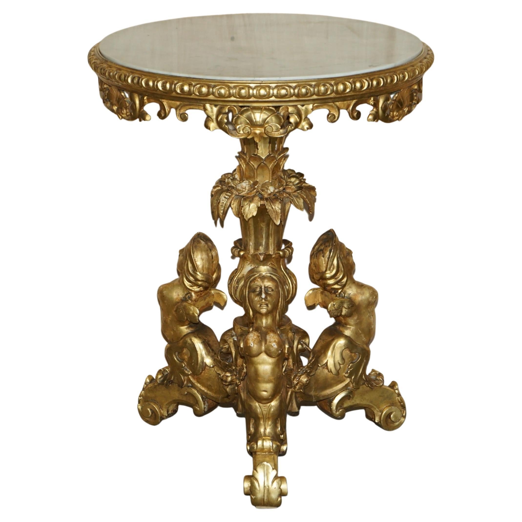 Exquisite Antique French Gold Giltwood Italian Marble Herm Carved Centre Table For Sale