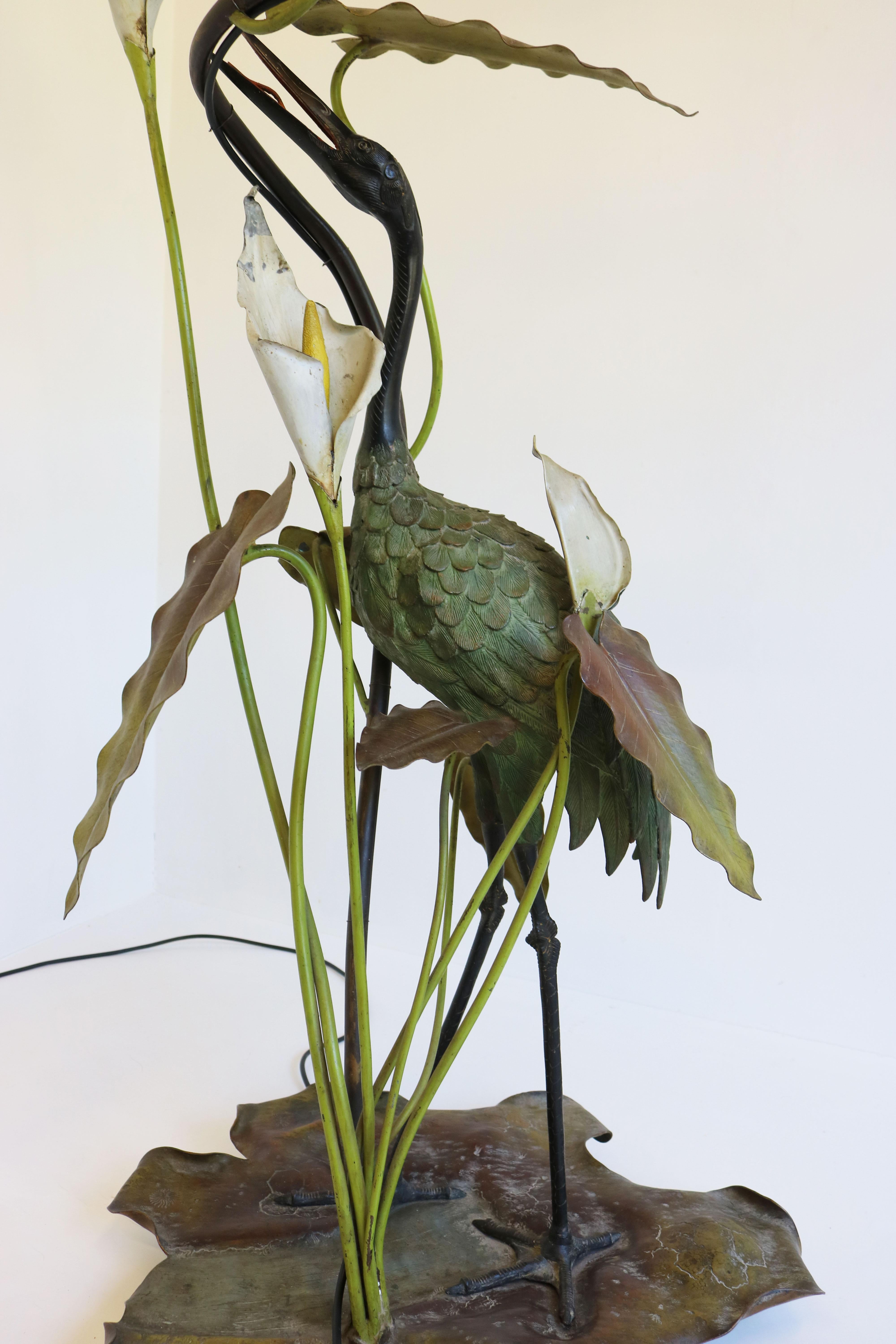 Exquisite Antique French Heron Art Nouveau Floor Lamp Bronze Floral Lilly Pads For Sale 5