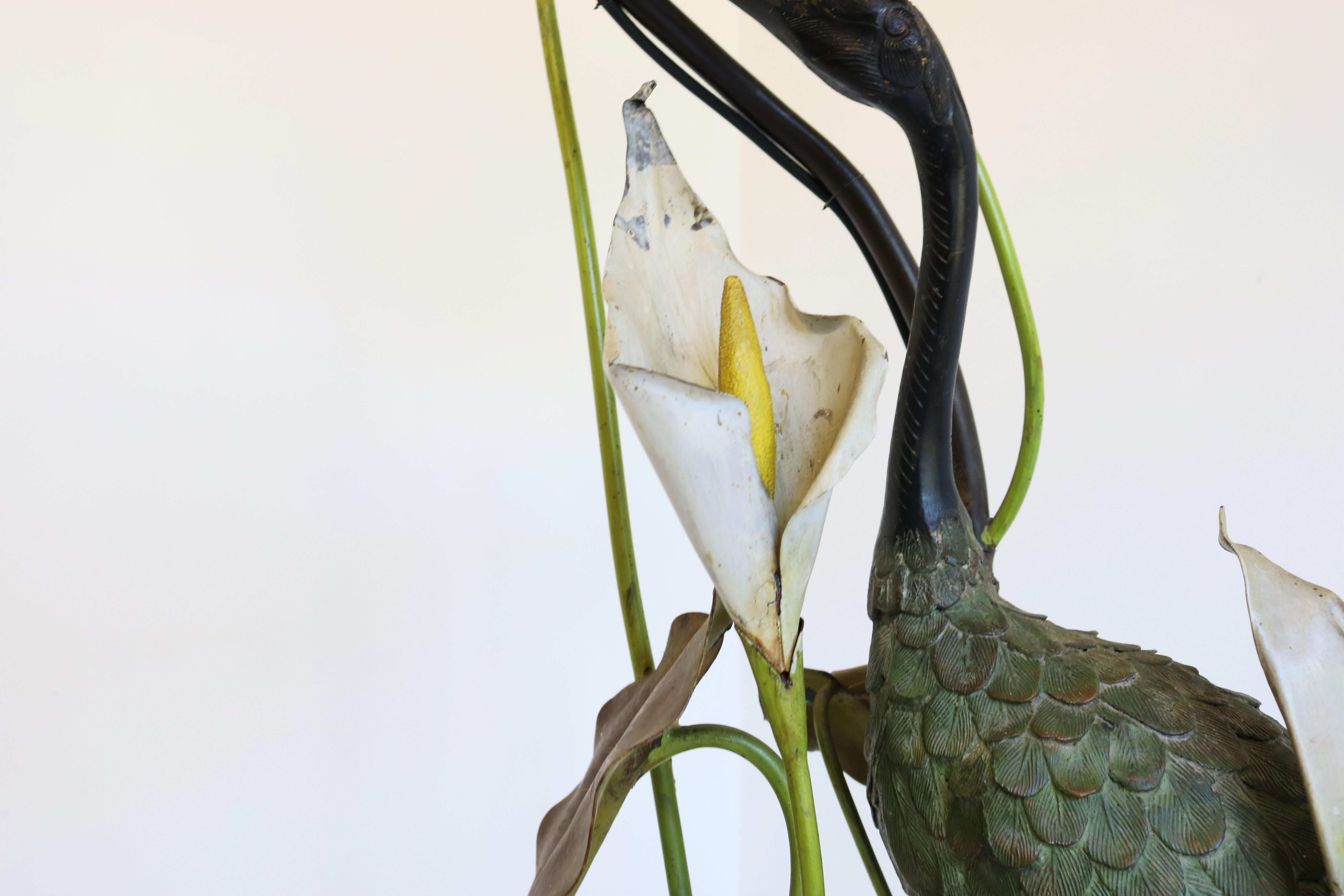 Exquisite antike französische Heron-Stehleuchte im Art nouveau-Stil aus Bronze mit Blumenmuster und Lilly- Pads im Angebot 9