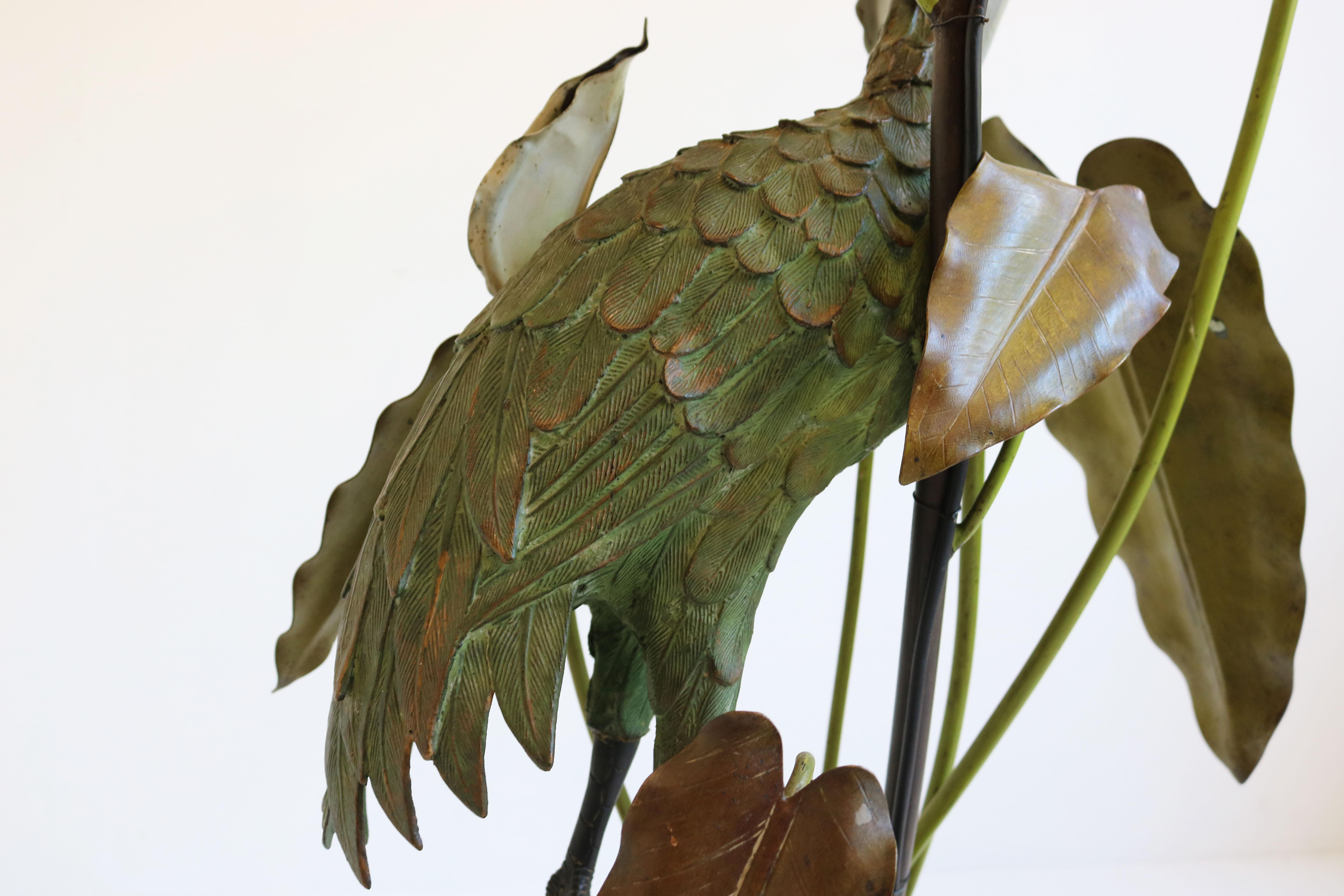 Squisita lampada da terra Antique French Heron Art Nouveau Bronze Floral Lilly Pads in vendita 2