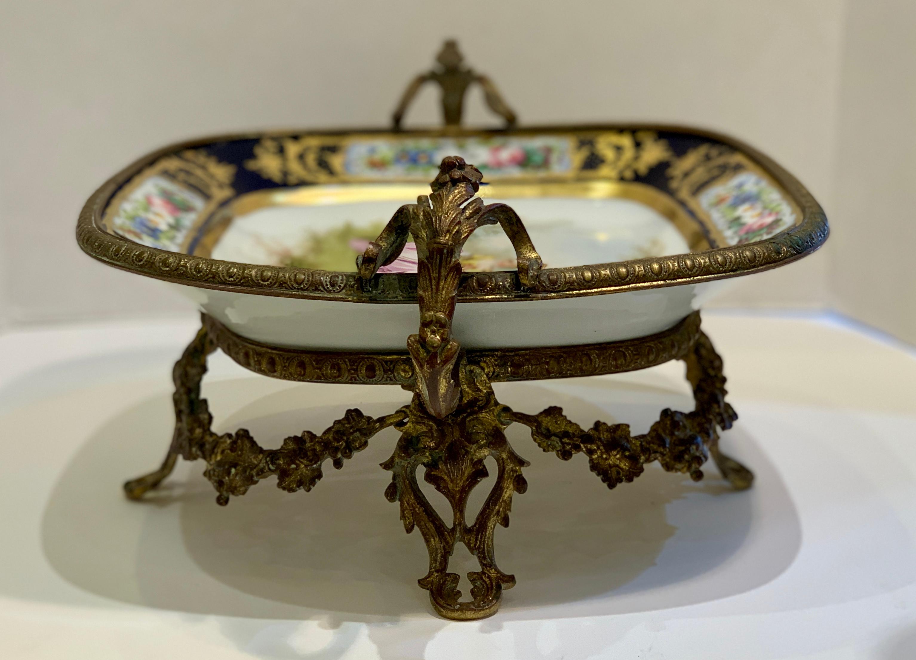 Hand-Painted Exquisite Antique French Sevres Cobalt Porcelain and Ormolu Centerpiece Compote For Sale