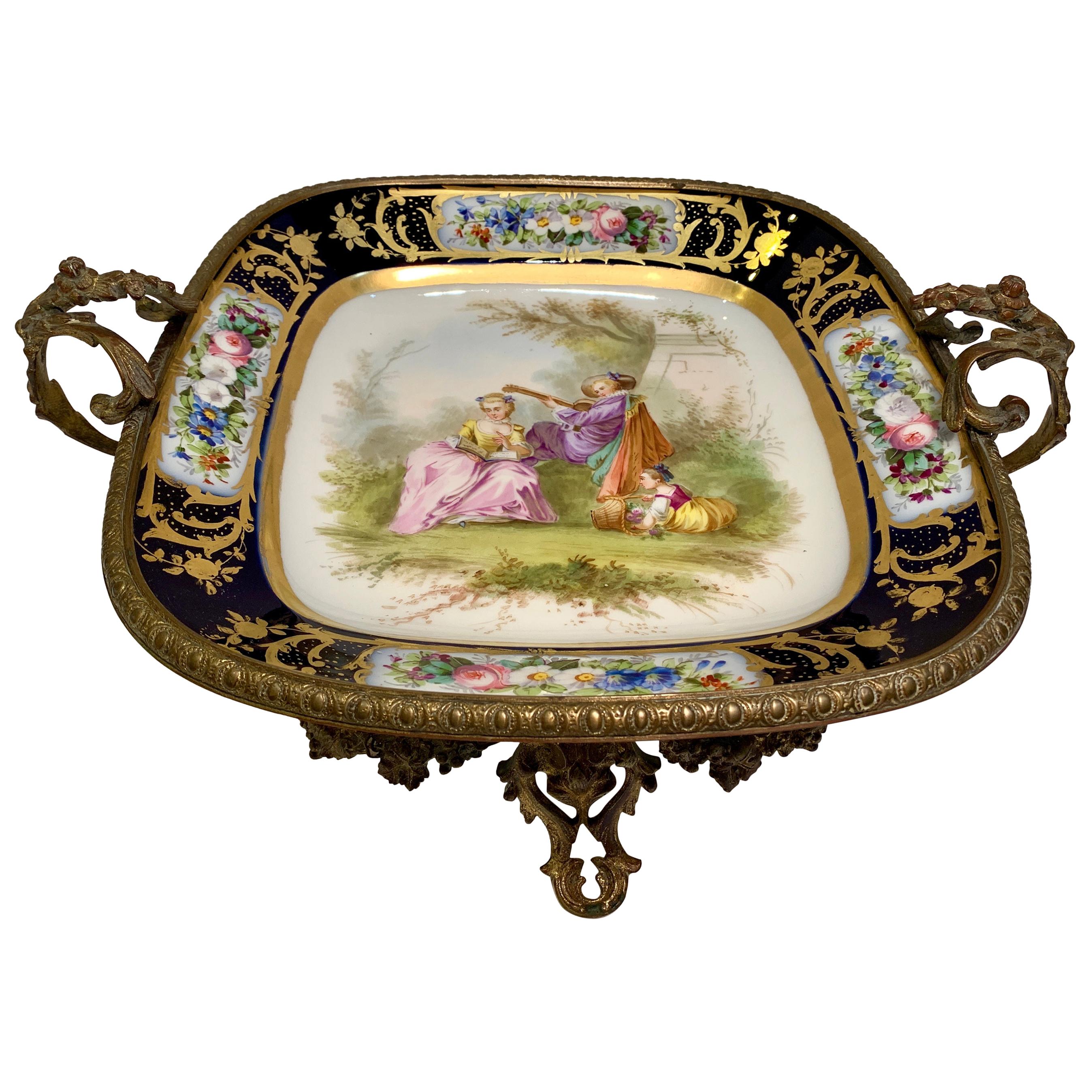 Exquisite Antique French Sevres Cobalt Porcelain and Ormolu Centerpiece Compote For Sale