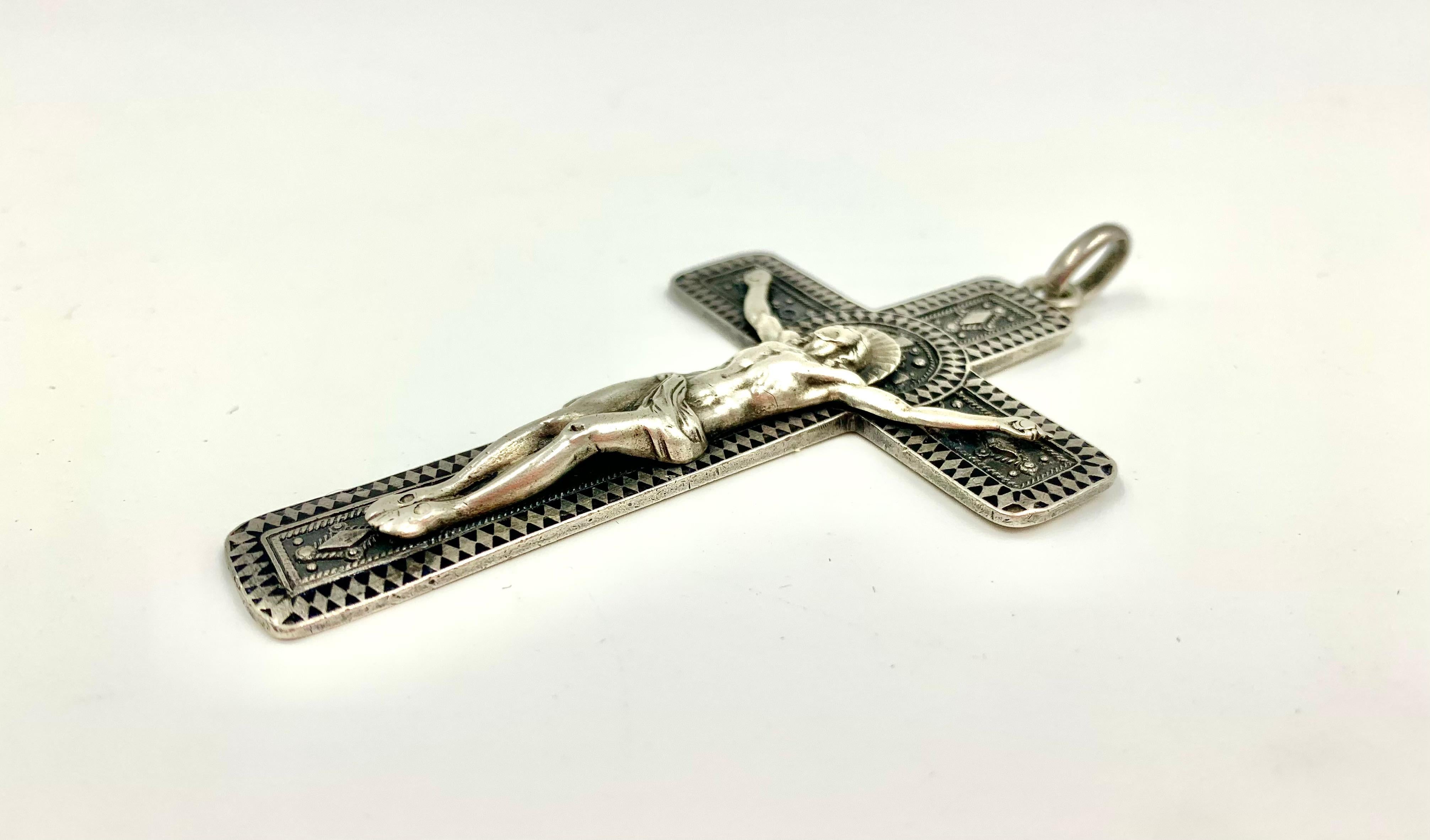 Exquisite Antique French Silver and Niello Enamel Sculptural Pectoral Cross For Sale 6