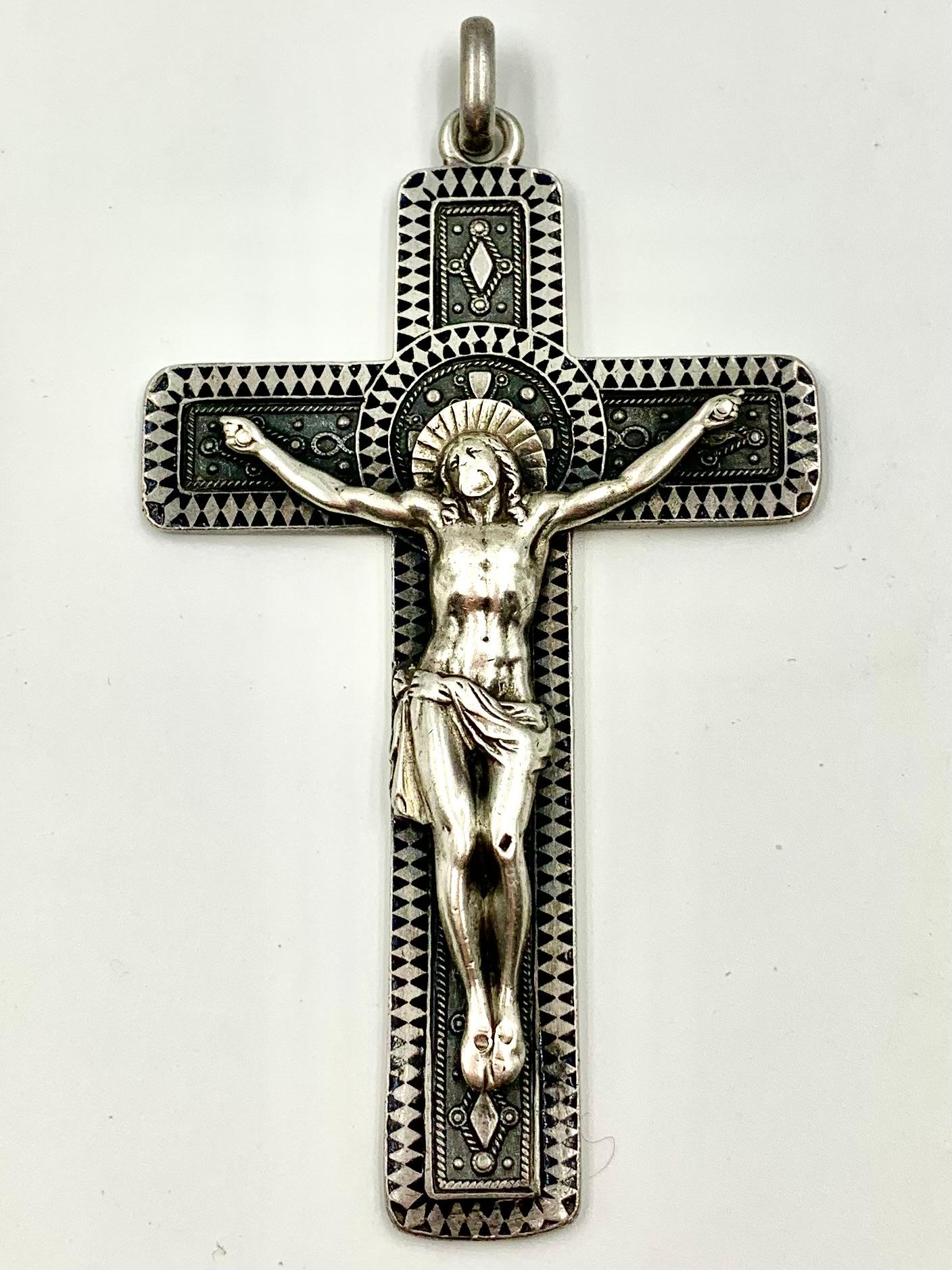Exquisite Antique French Silver and Niello Enamel Sculptural Pectoral Cross For Sale 7