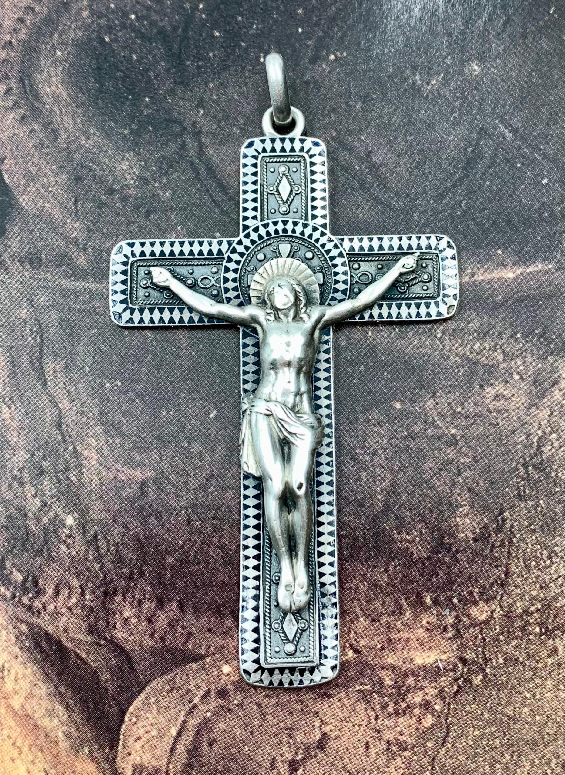 Exquisite Antique French Silver and Niello Enamel Sculptural Pectoral Cross For Sale 9