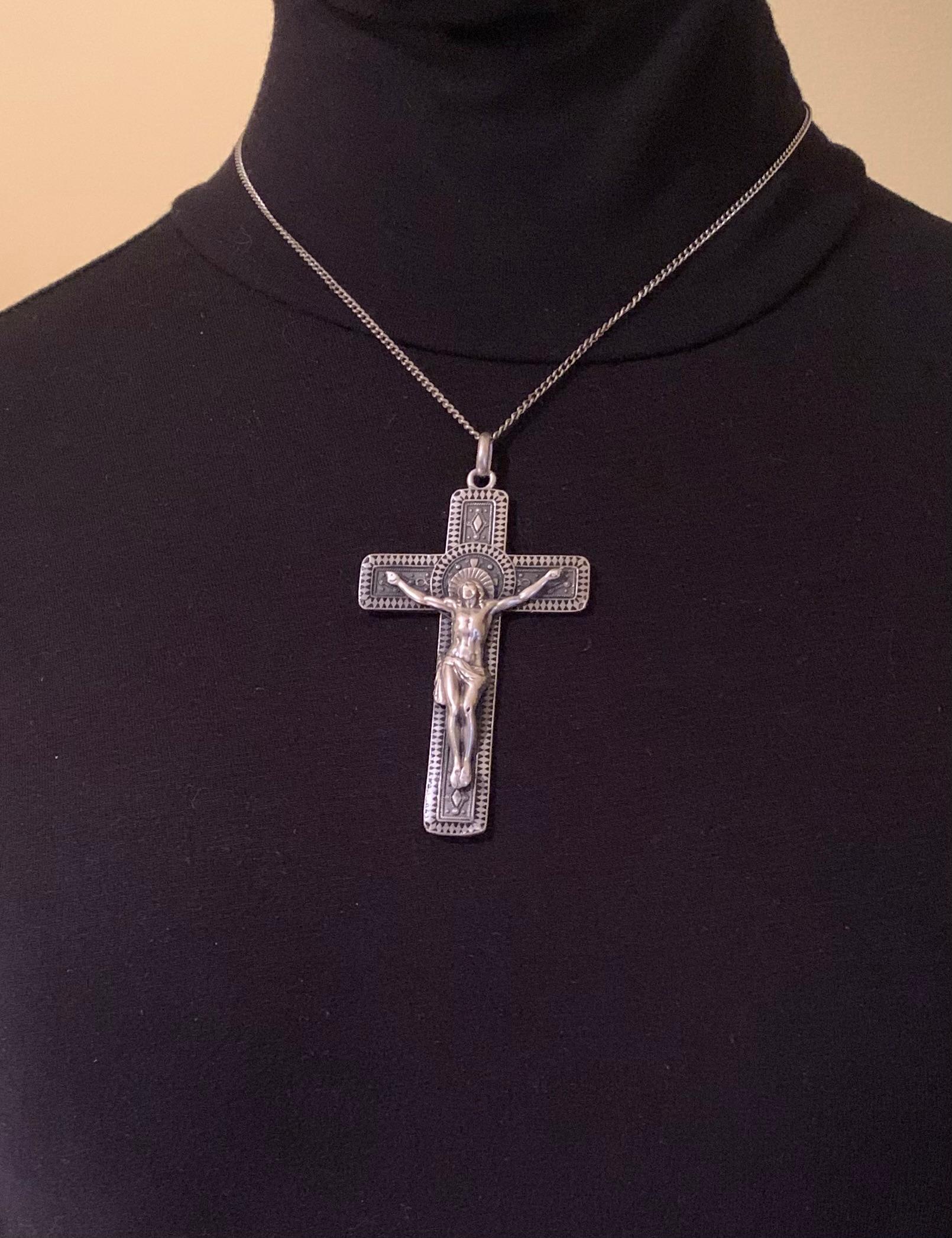 Superb, museum quality antique French silver and niello enamel high relief sculptural pectoral cross
19th Century
Complex and beautifully rendered crucifix done in finely detailed niello enamel, granulation, wirework, patination and sculptural