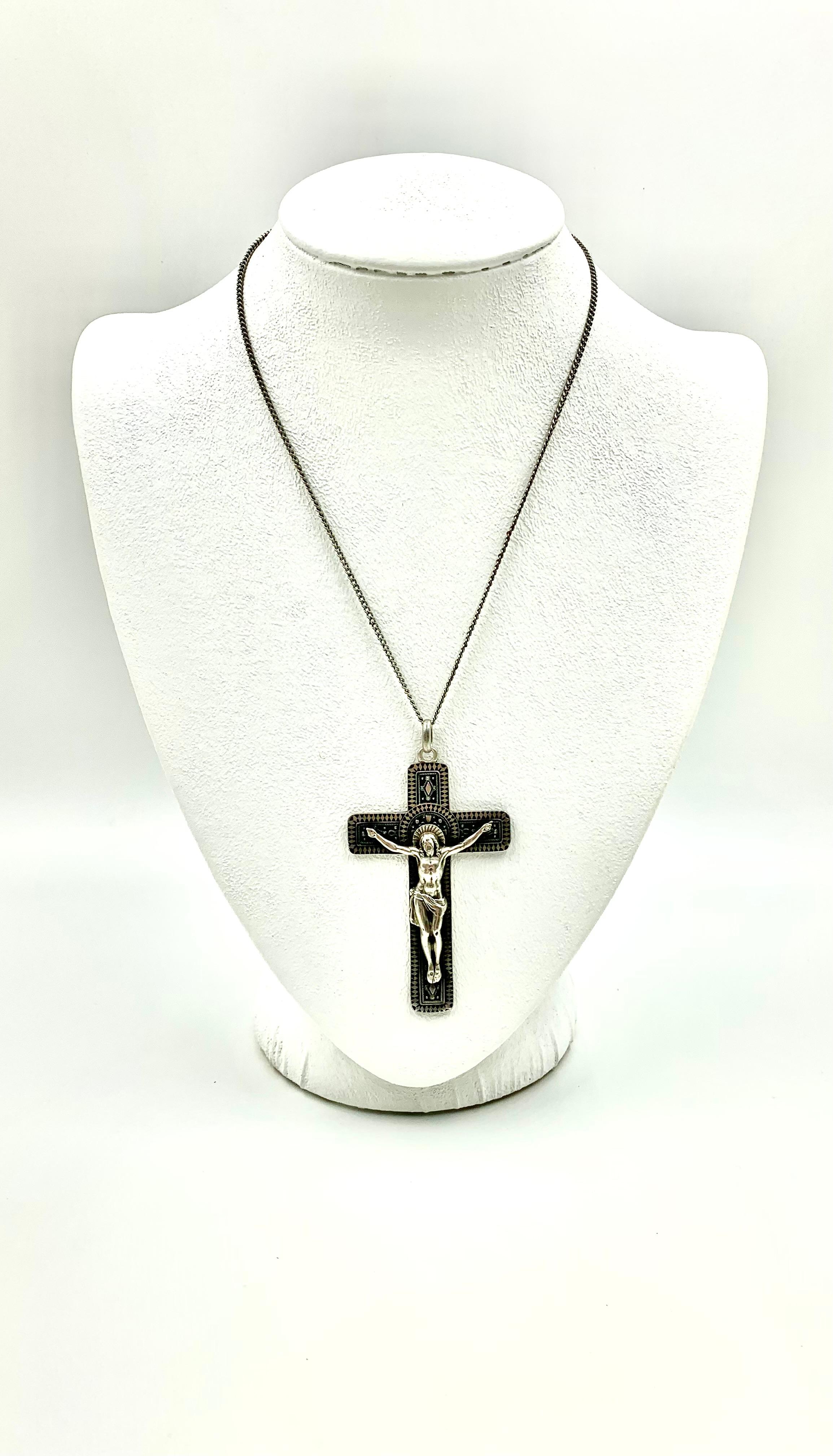 Exquisite Antique French Silver and Niello Enamel Sculptural Pectoral Cross In Good Condition For Sale In New York, NY
