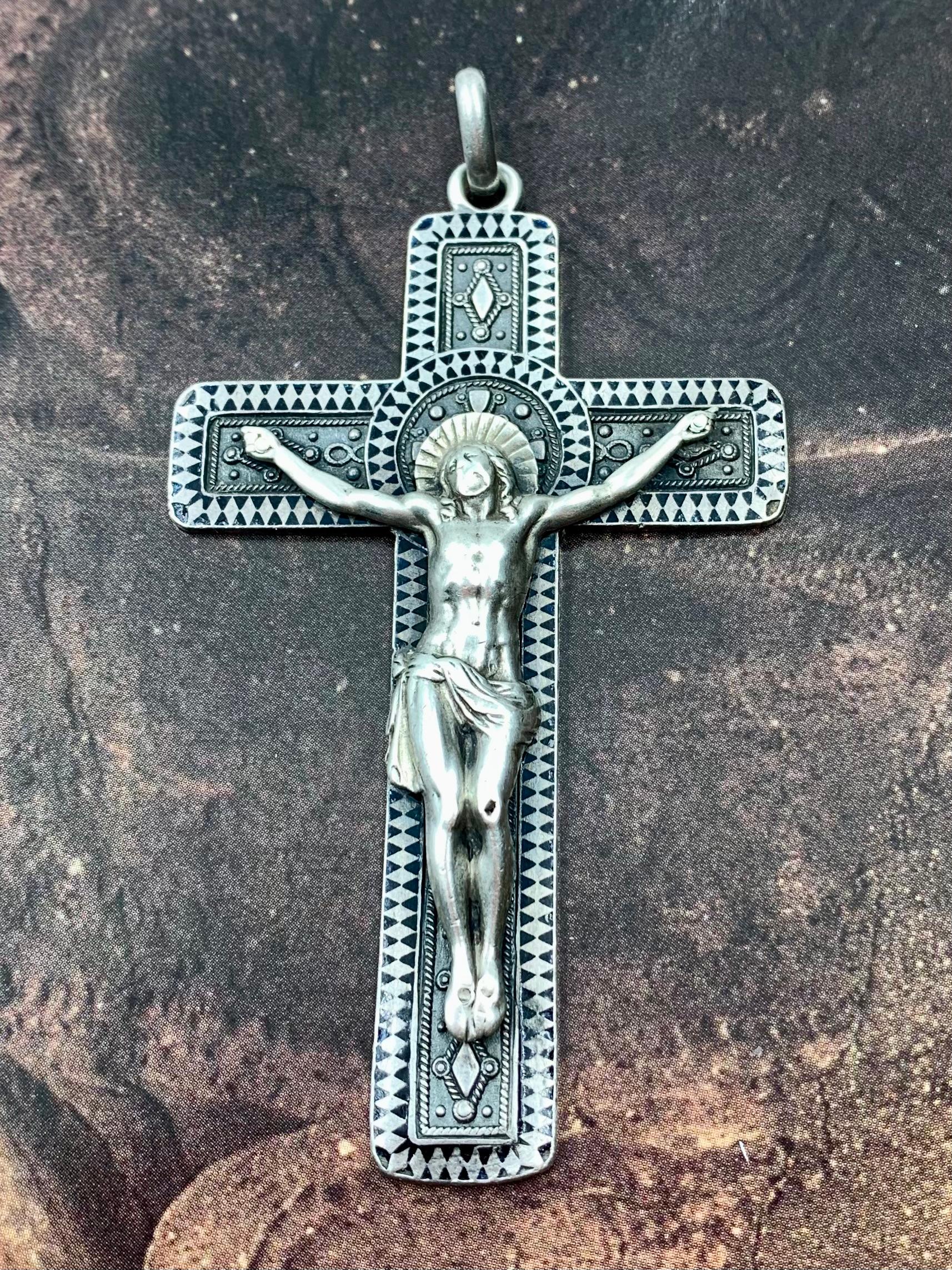 19th Century Exquisite Antique French Silver and Niello Enamel Sculptural Pectoral Cross For Sale