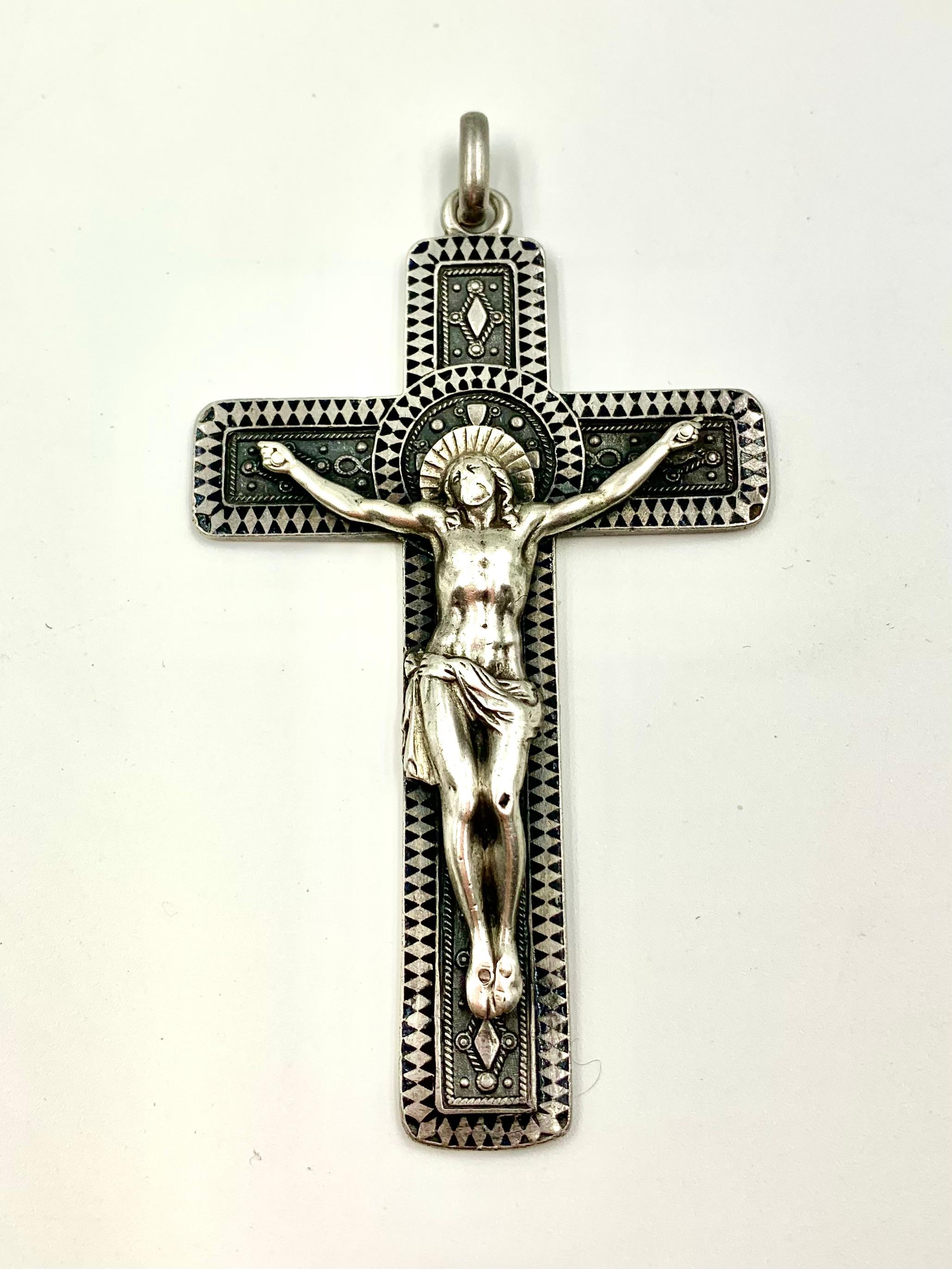 Exquisite Antique French Silver and Niello Enamel Sculptural Pectoral Cross For Sale 1