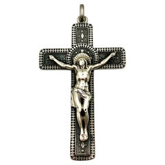 Exquisite Antique French Silver and Niello Enamel Sculptural Pectoral Cross