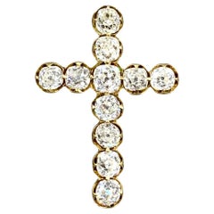 Exquisita cruz georgiana antigua de oro amarillo de 18 quilates con diamantes tallados en mina de 3,7 TQW