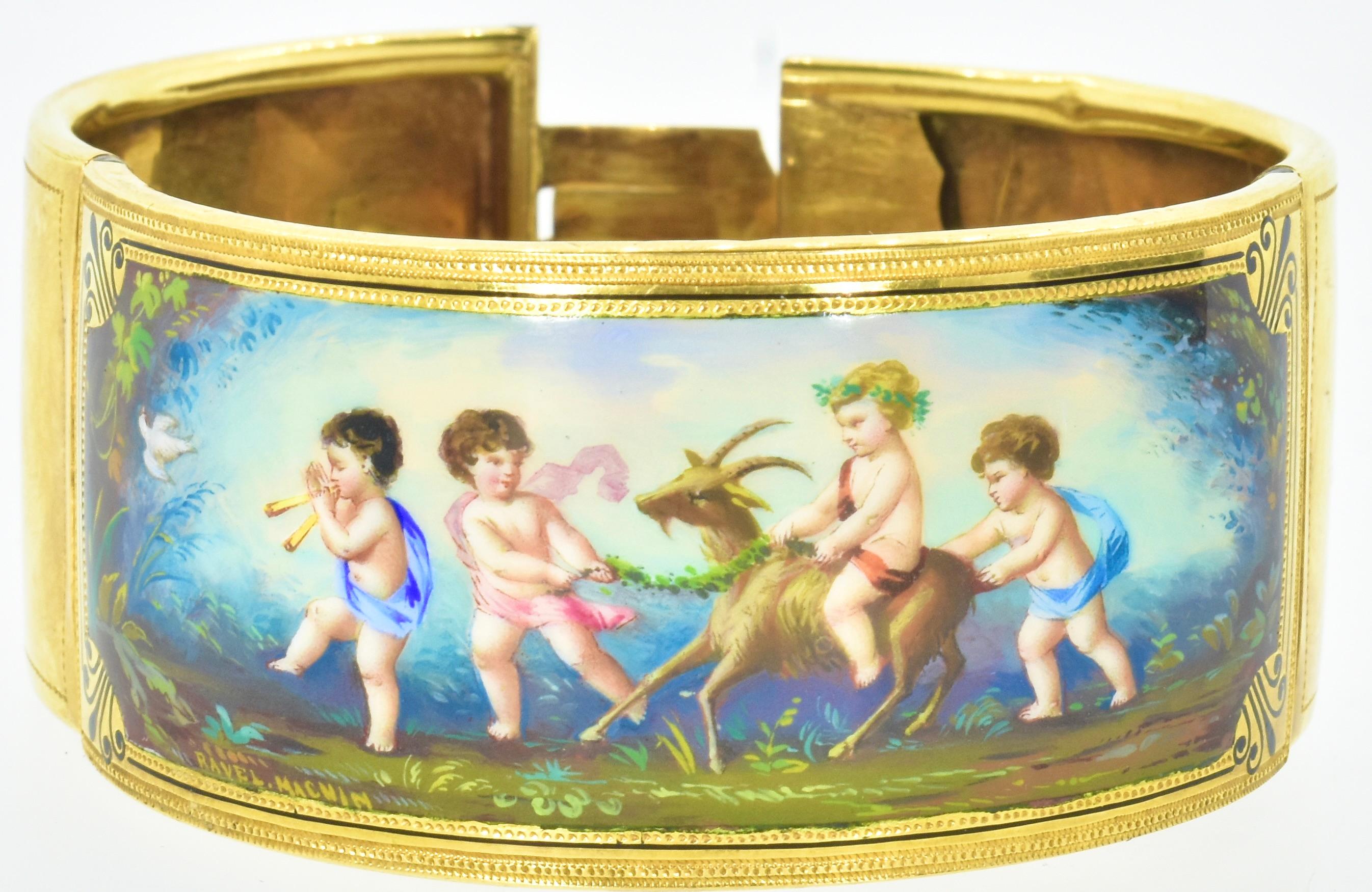 Antikes, handbemaltes und signiertes 18K-Armband aus Emaille, französisch, um 1850 6