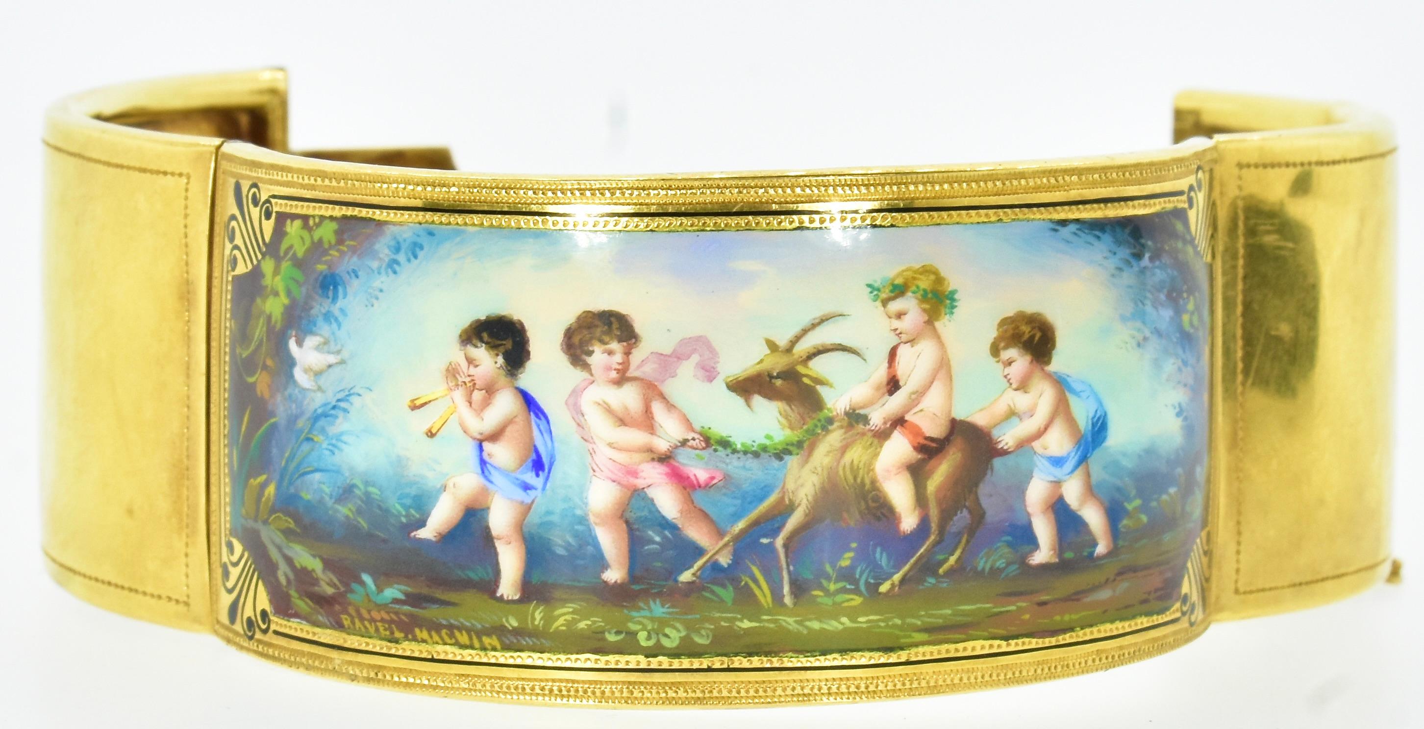 Antikes, handbemaltes und signiertes 18K-Armband aus Emaille, französisch, um 1850 7