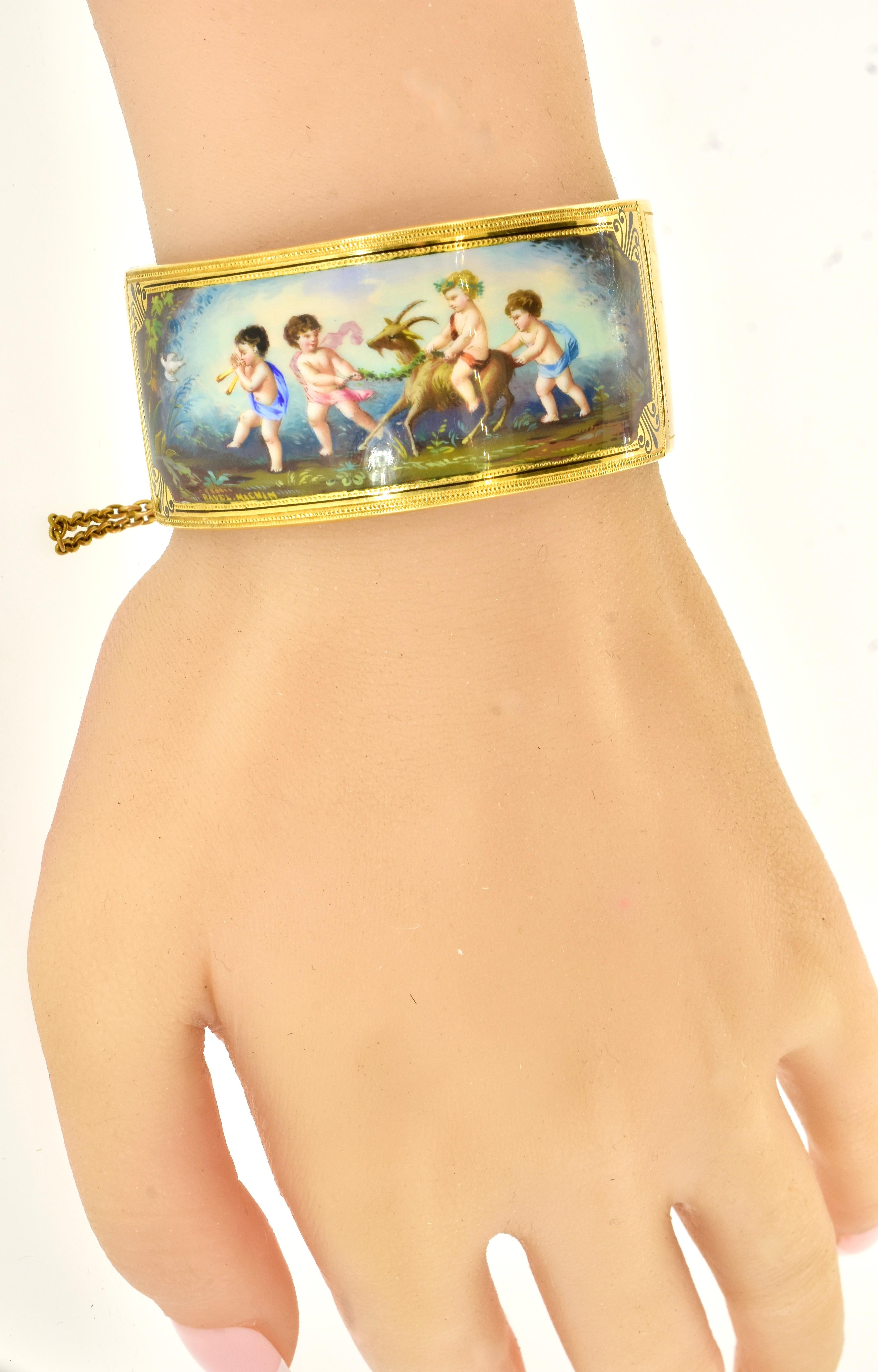 Antikes, handbemaltes und signiertes 18K-Armband aus Emaille, französisch, um 1850 im Zustand „Gut“ in Aspen, CO