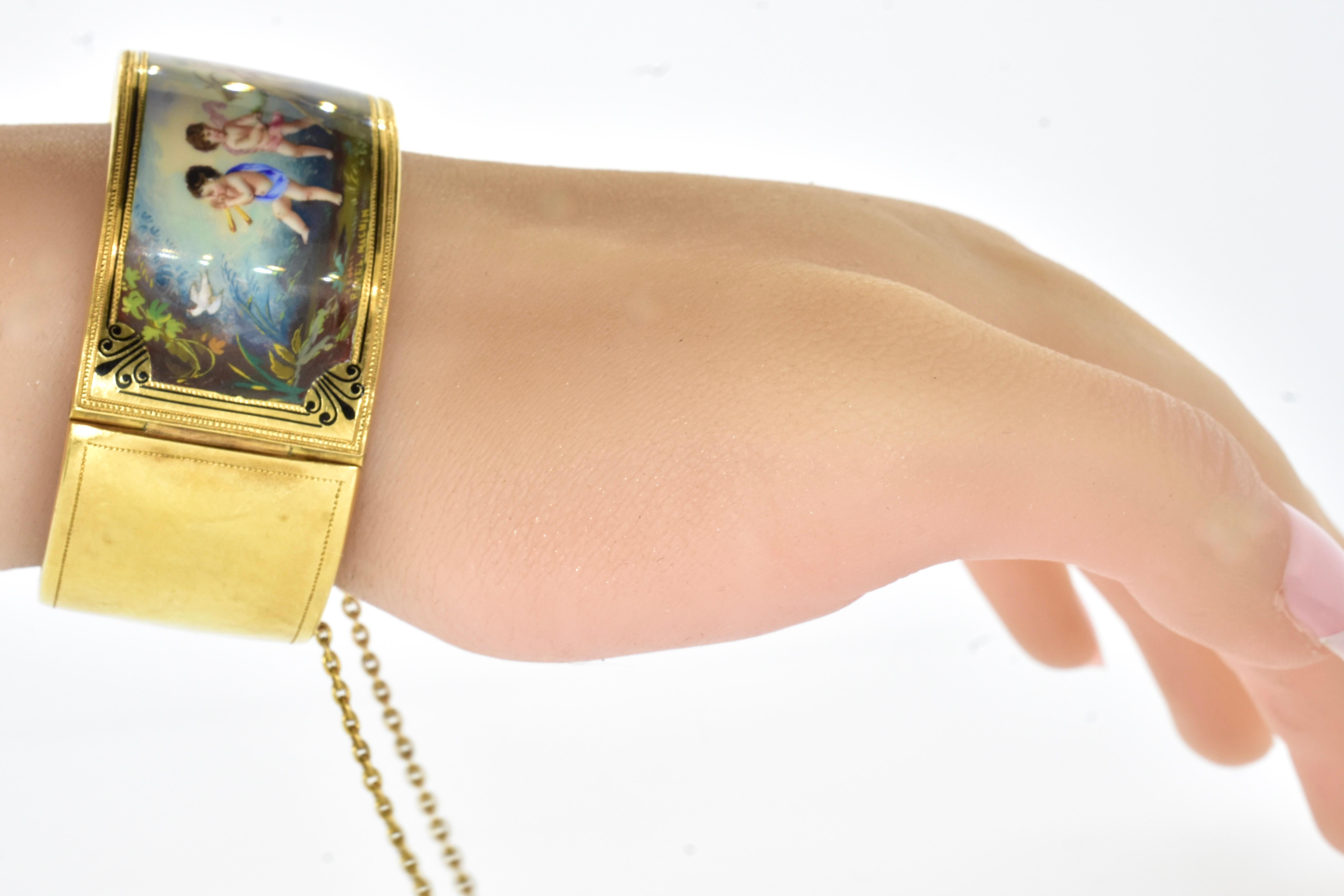 Antikes, handbemaltes und signiertes 18K-Armband aus Emaille, französisch, um 1850 1