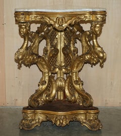 Exquisite Antique Italian Gold Giltwood Italian Marble Herm Carved Corner Table
