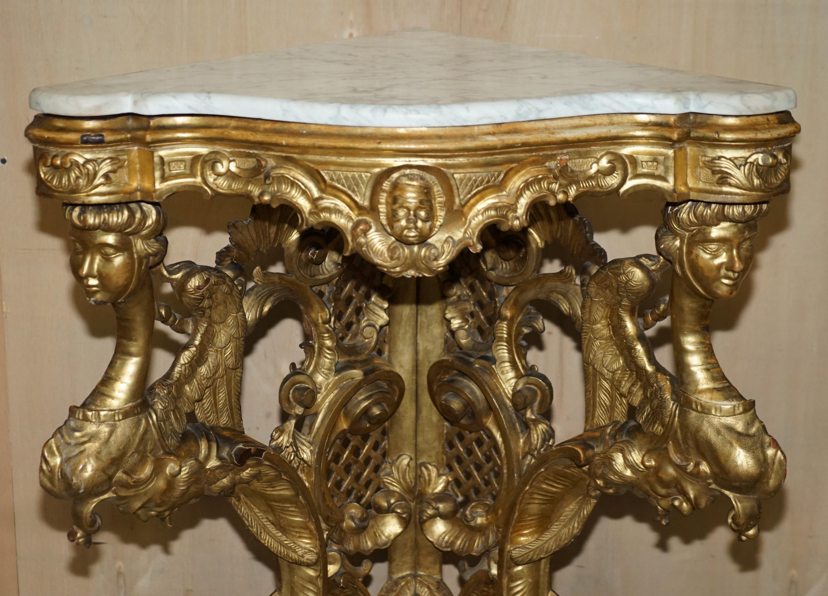 High Victorian Exquisite Antique Italian Gold Giltwood Italian Marble Herm Carved Corner Table For Sale