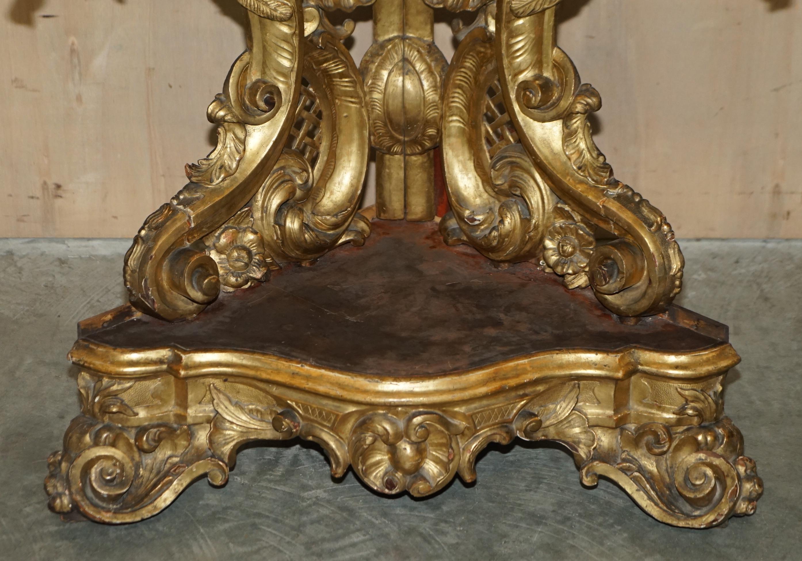 Hand-Crafted Exquisite Antique Italian Gold Giltwood Italian Marble Herm Carved Corner Table For Sale