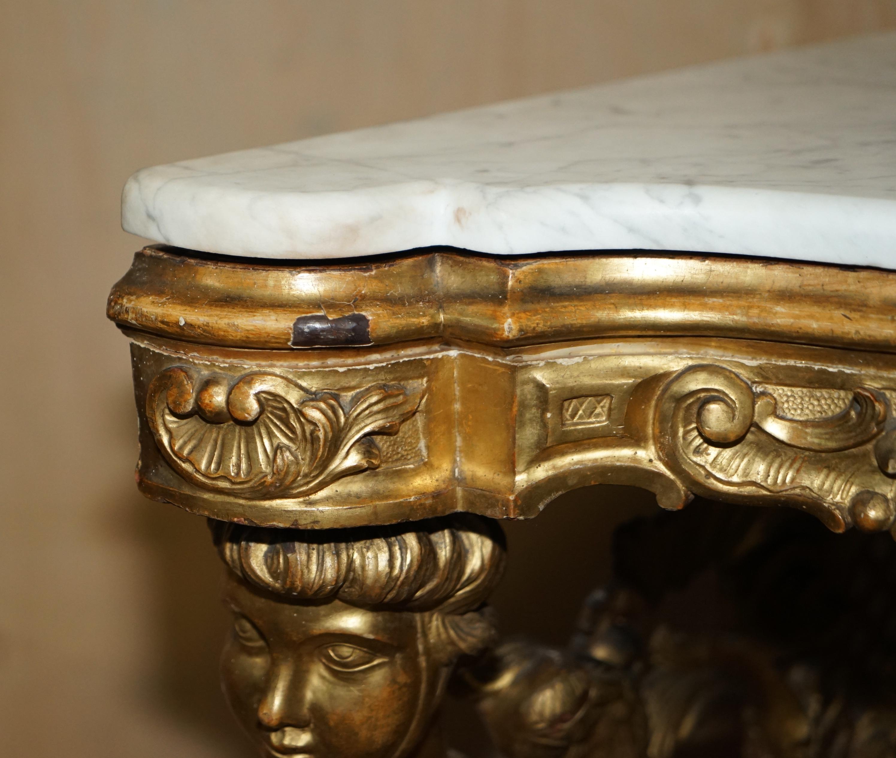 Mid-19th Century Exquisite Antique Italian Gold Giltwood Italian Marble Herm Carved Corner Table For Sale