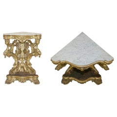 Magnifique table d'angle italienne d'antiquités en bois doré et marbre italien sculpté en forme d'herbe