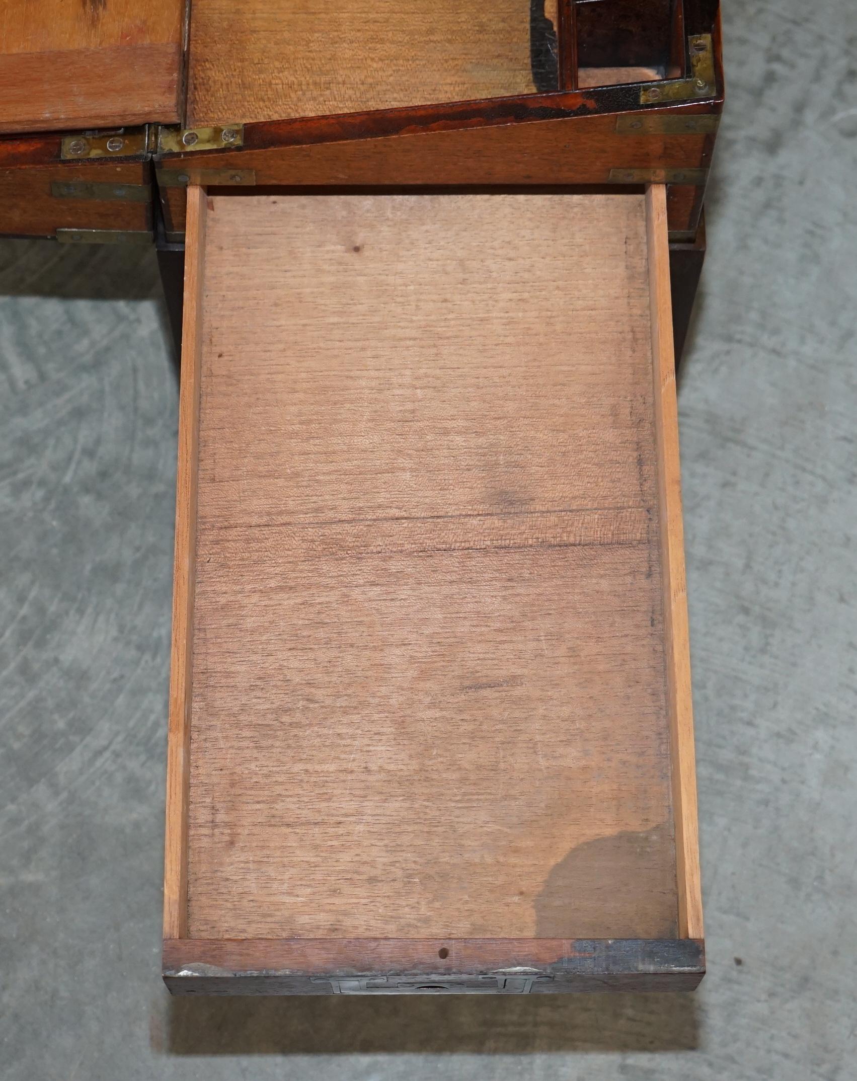 Exquisite Antique Hardwood Military Campaign Writing Slope Desk & Later Stand For Sale 11
